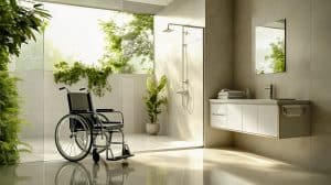 Rollstuhl in einem modernen barrierefreien und lichtdurchfluteten Badezimmer mit viel Sonnenlicht und grünen Pflanzen.