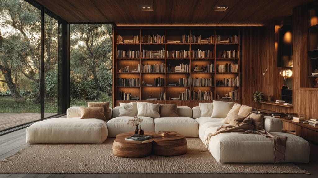 Modernes Wohnzimmer mit großer bequemer Loungecouch, einem Couchtisch aus Holz und einem deckenhohen Bücherregal aus dunklem Holz mit Blick auf den Garten durch raumhohe Fensterfronten.