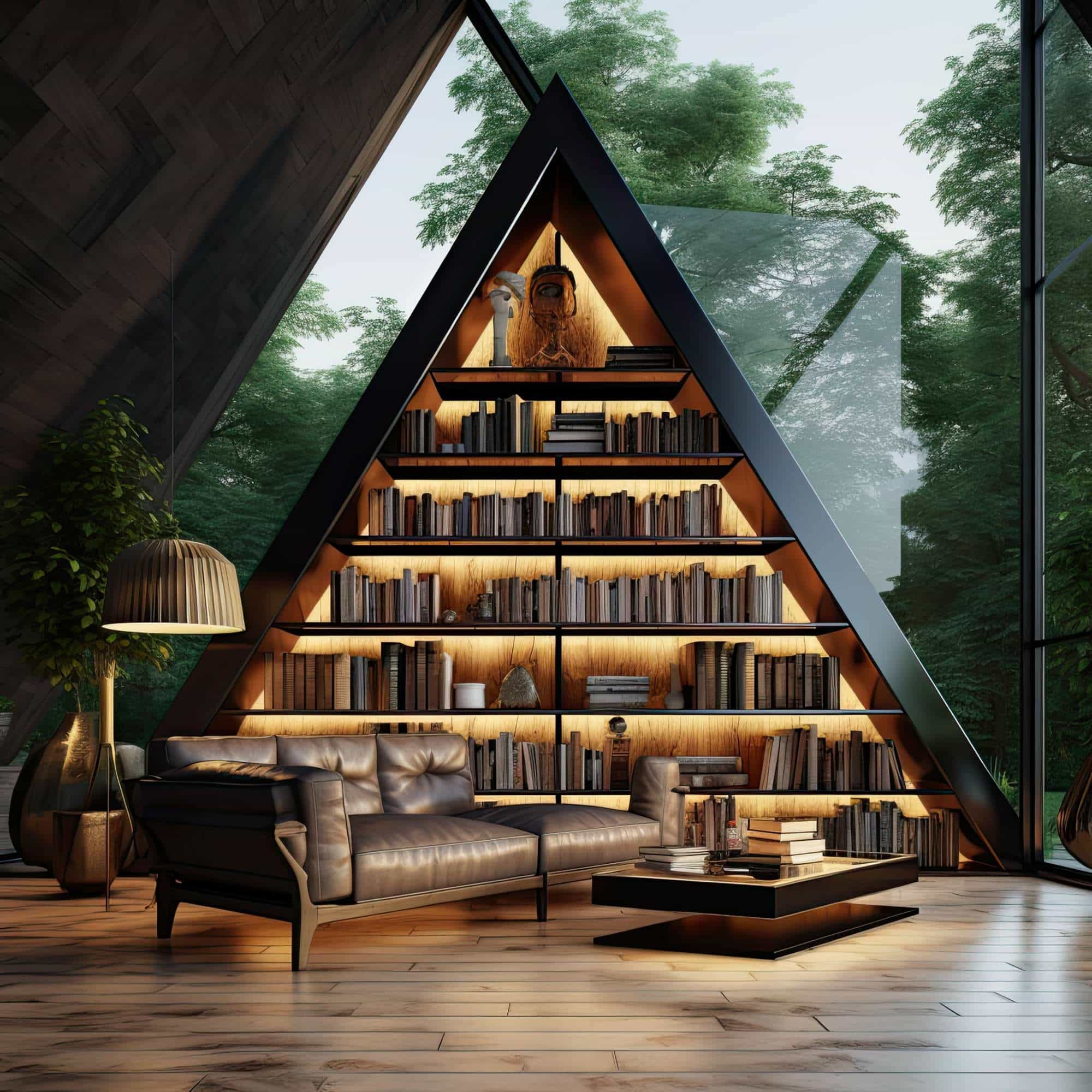 Moderne private Bibliothek in Dreiecksform mit indirekter Beleuchtung in den Regalen vor einer großen Glasfront hinter einer gemütlichen Ledercouch und scheinbar schwebendem Couchtisch.