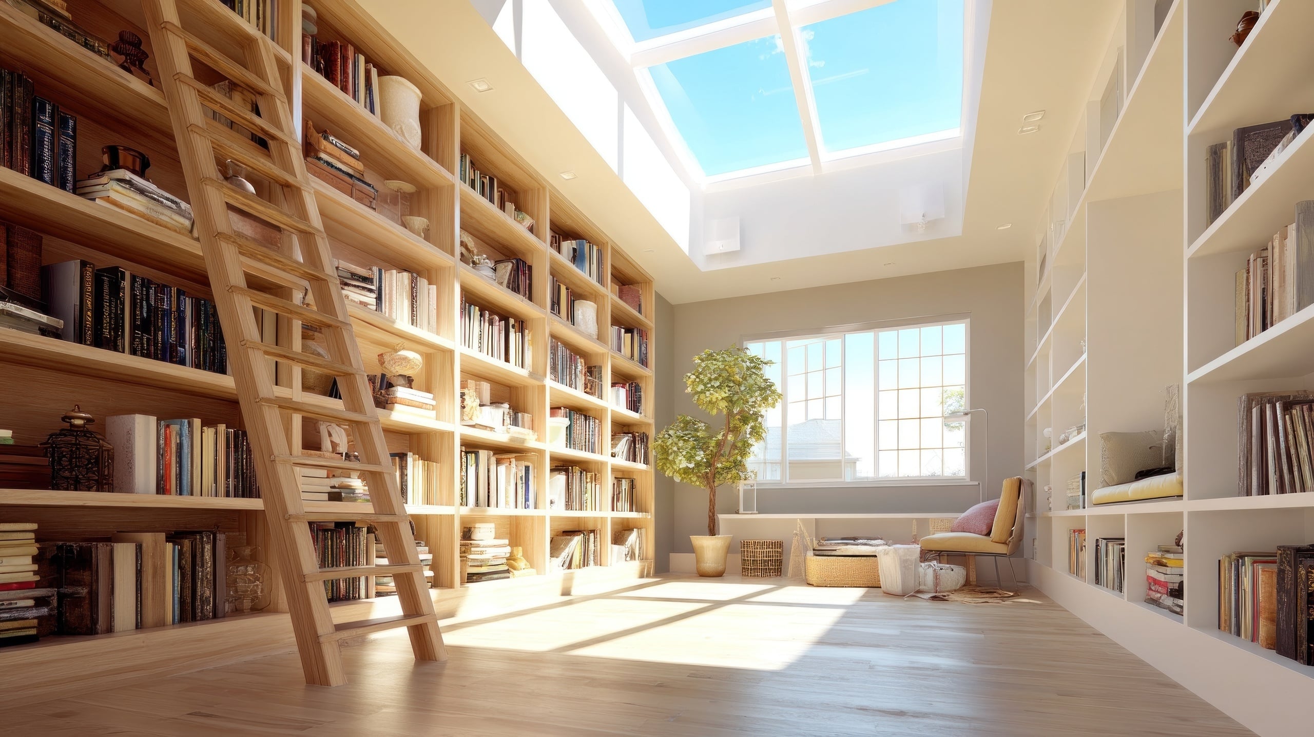 Großer heller Raum mit Oberleuchte, der als Bibliothek mit Sitzbereich vor dem Fenster und Holzleiter für die höheren Regale eingerichtet wurde.