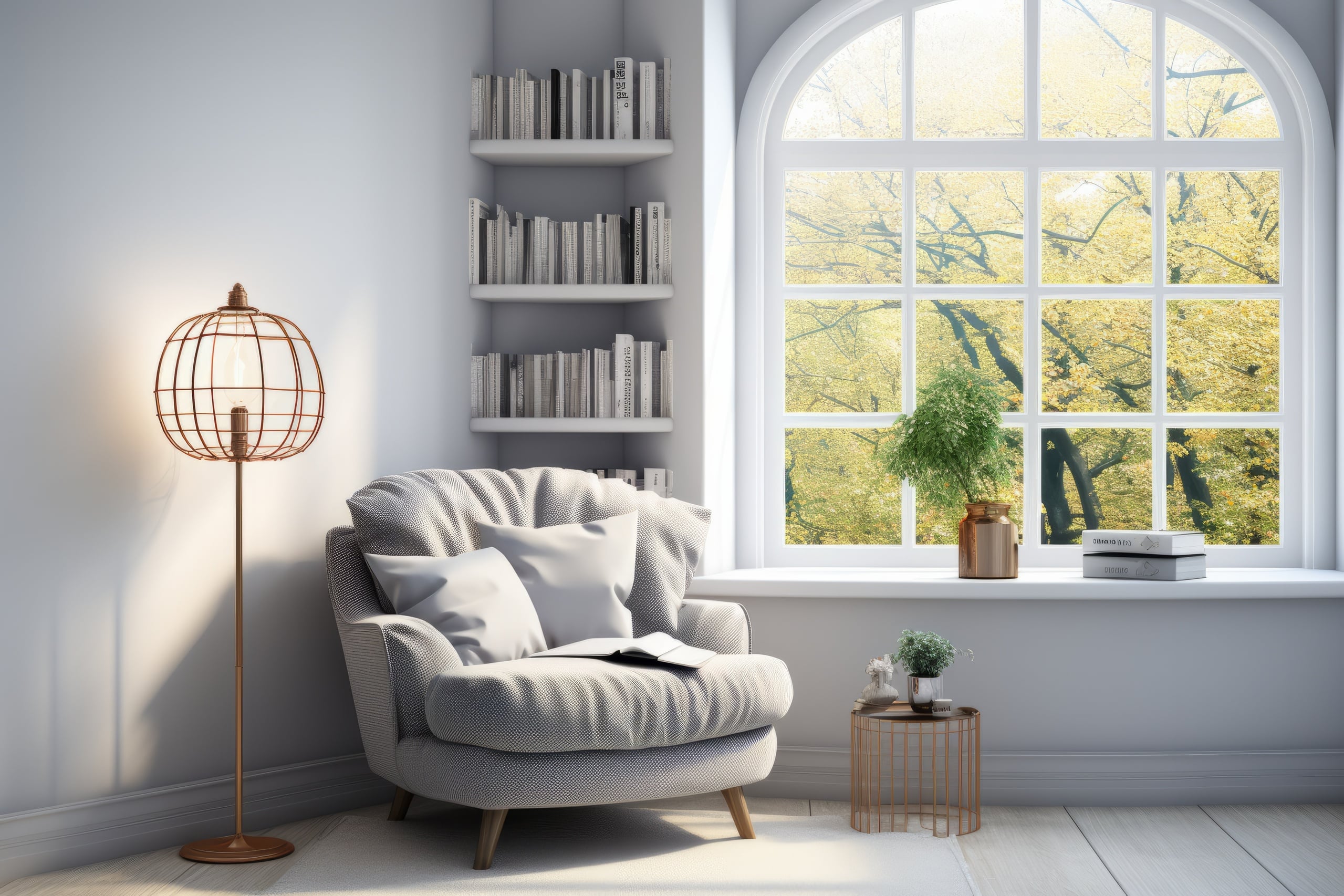 Lichtdurchfluteter Raum mit gemütlichem Lesesessel, einer Stehlampe und einem kleinen Beistelltisch vor einem Bücherregal in der Ecknische.