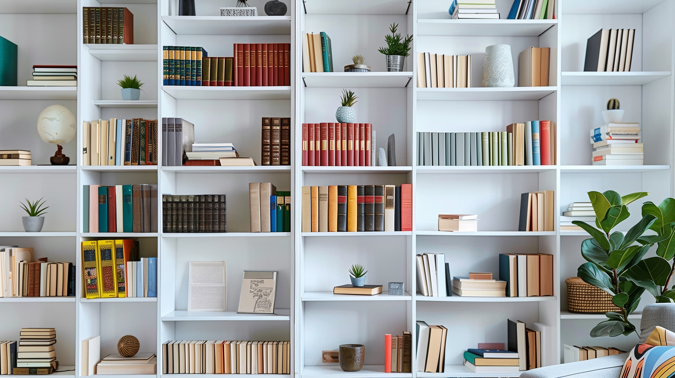 Weißes Bücherregal mit unterschiedlich einsortierten Büchern und Accessoires.