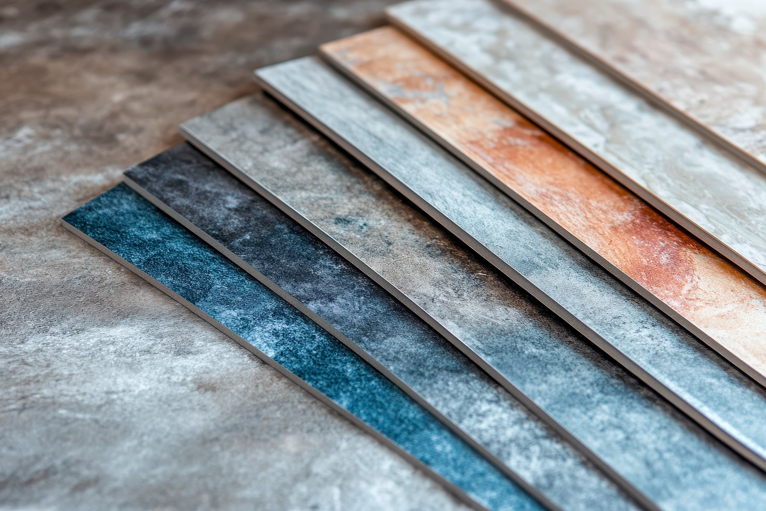 Nahaufnahme von PVC-Vinyl-Bodenfliesenmustern mit Stein- und Betonstruktur für den Innenausbau.