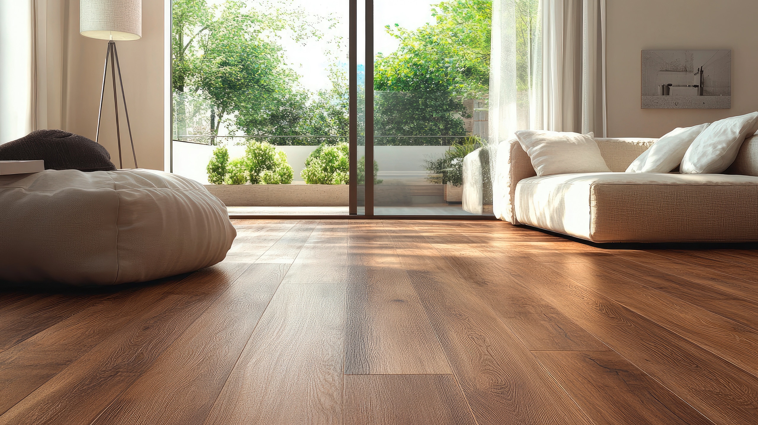 Das Verlegen von Laminatböden im Innenbereich mit einem modernen Wohnzimmer und natürlichem Licht unterstreicht die warmen Holztöne und die einladende Atmosphäre.