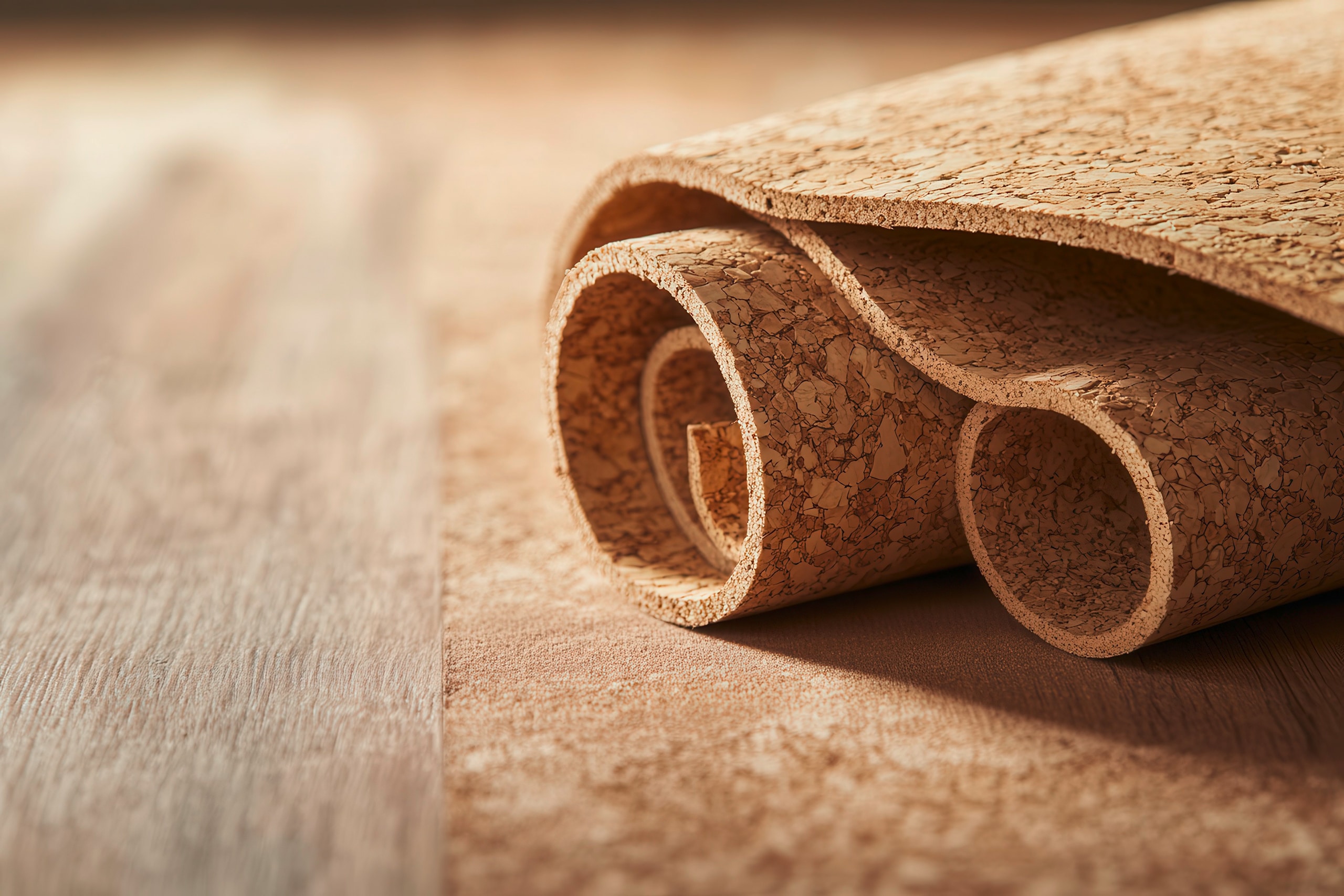 Gerollte Korkplatten auf Holzoberfläche für Wohndekor und nachhaltiges Design.