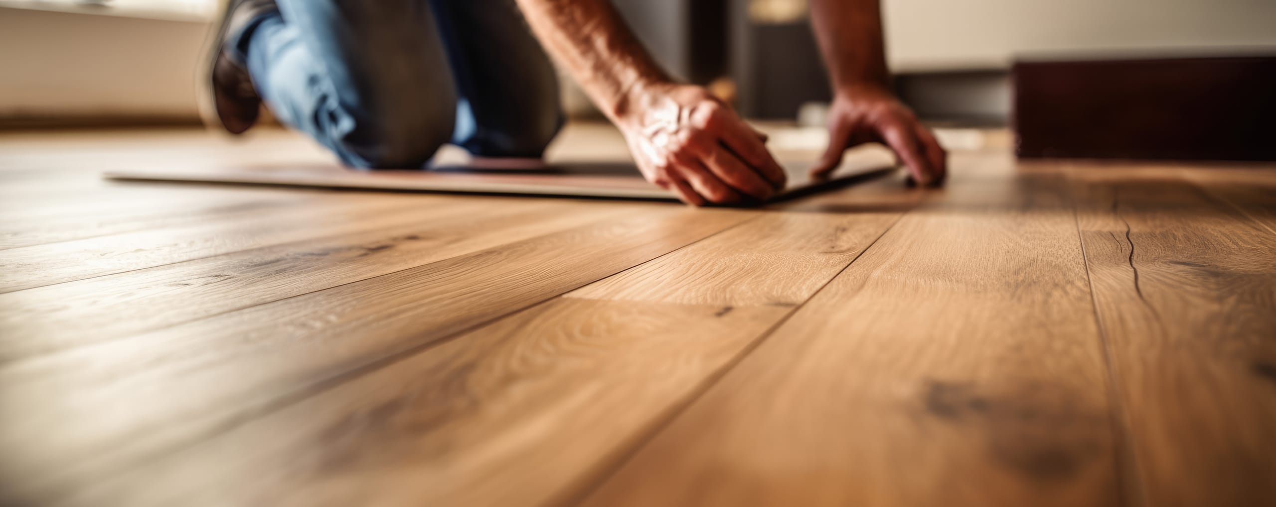 Fachmann verlegt Linoleumboden mit Holzstruktur.