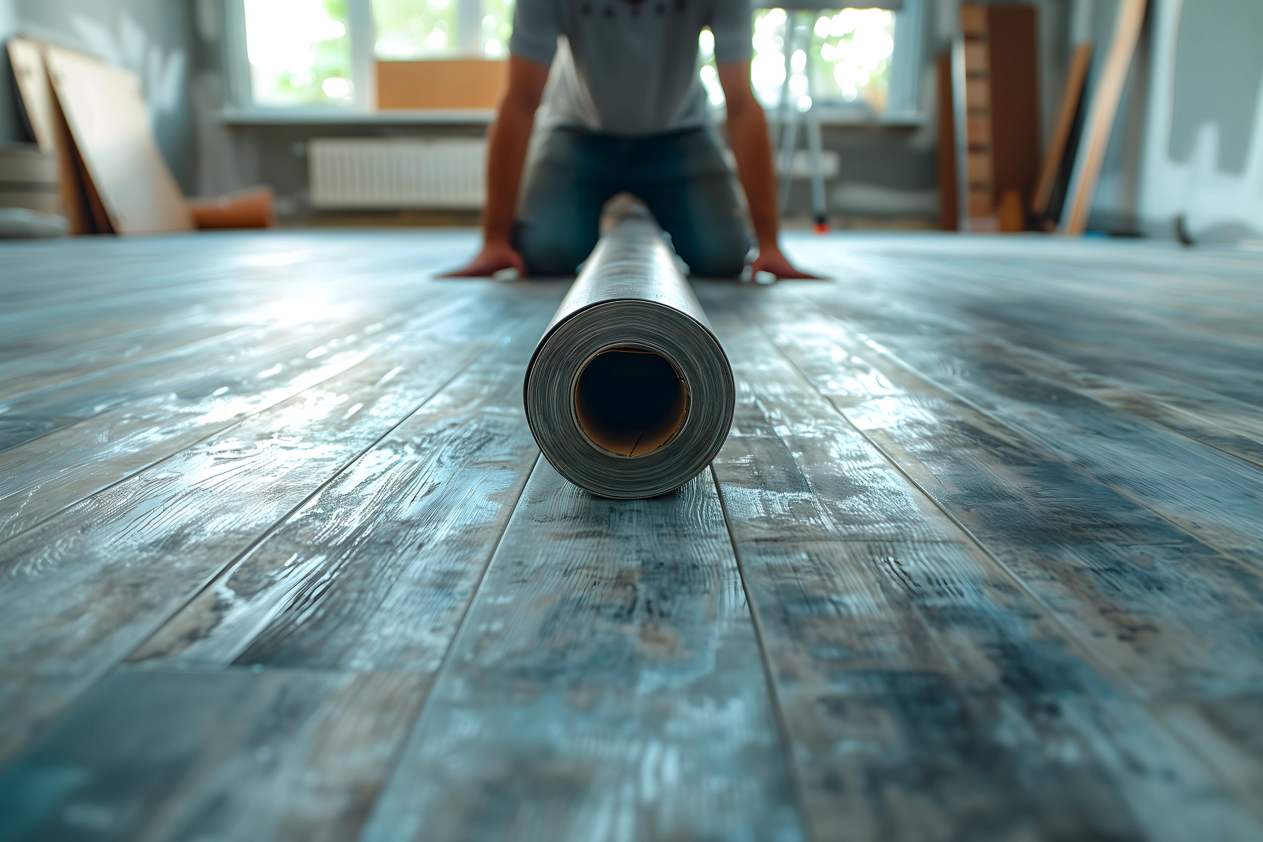 Mann sitzt hinter einer Rolle Linoleum am Boden.