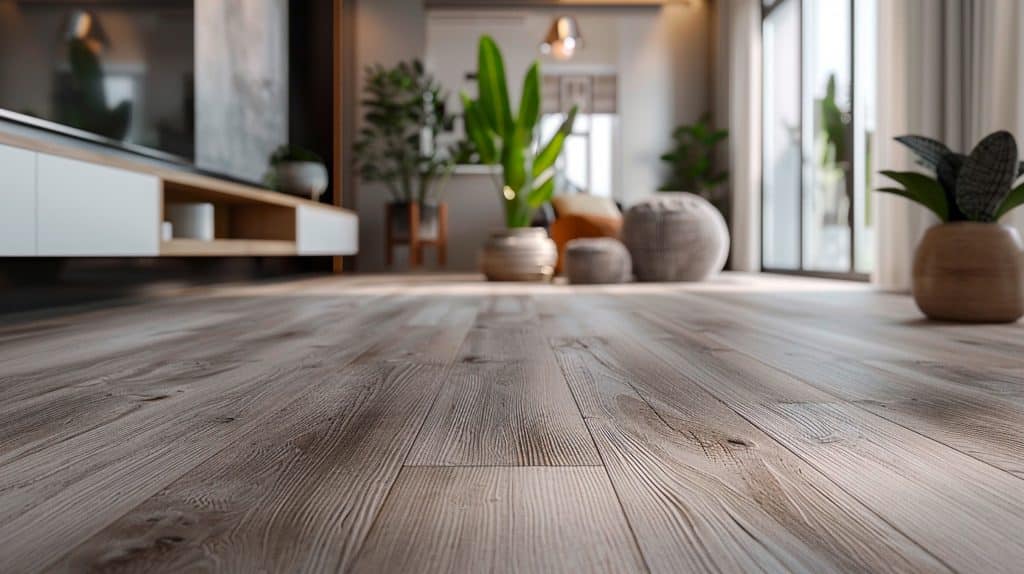 Ein modernes Wohnzimmer mit hellgrauem Vinylboden mit dezenter Holzmaserung, der eine glatte und langlebige Oberfläche bietet.