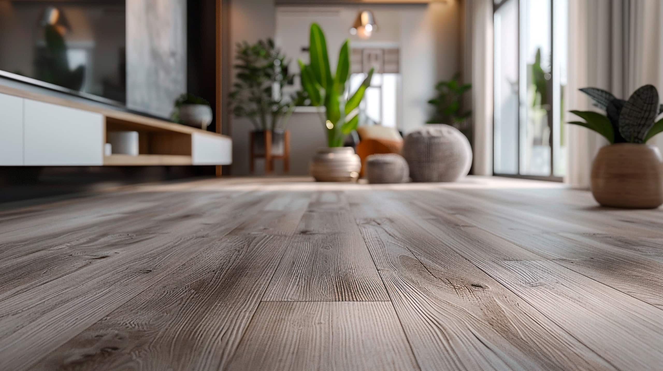 Ein modernes Wohnzimmer mit hellgrauem Vinylboden mit dezenter Holzmaserung, der eine glatte und langlebige Oberfläche bietet.