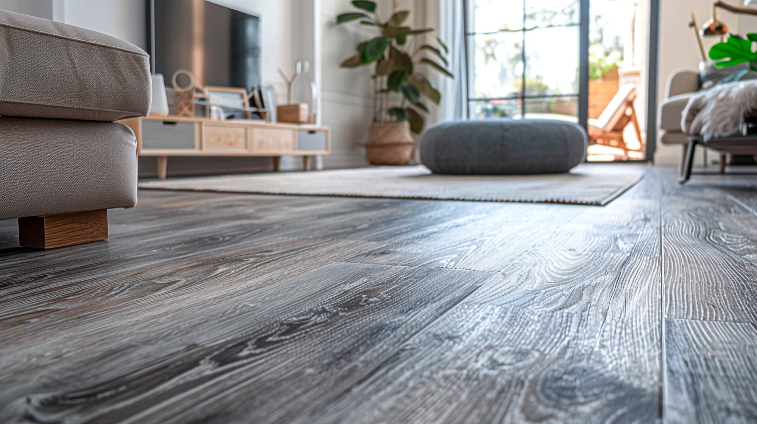 Ein modernes Wohnzimmer mit hellgrauem Vinylboden mit dezenter Holzmaserung, der eine glatte und langlebige Oberfläche bietet.