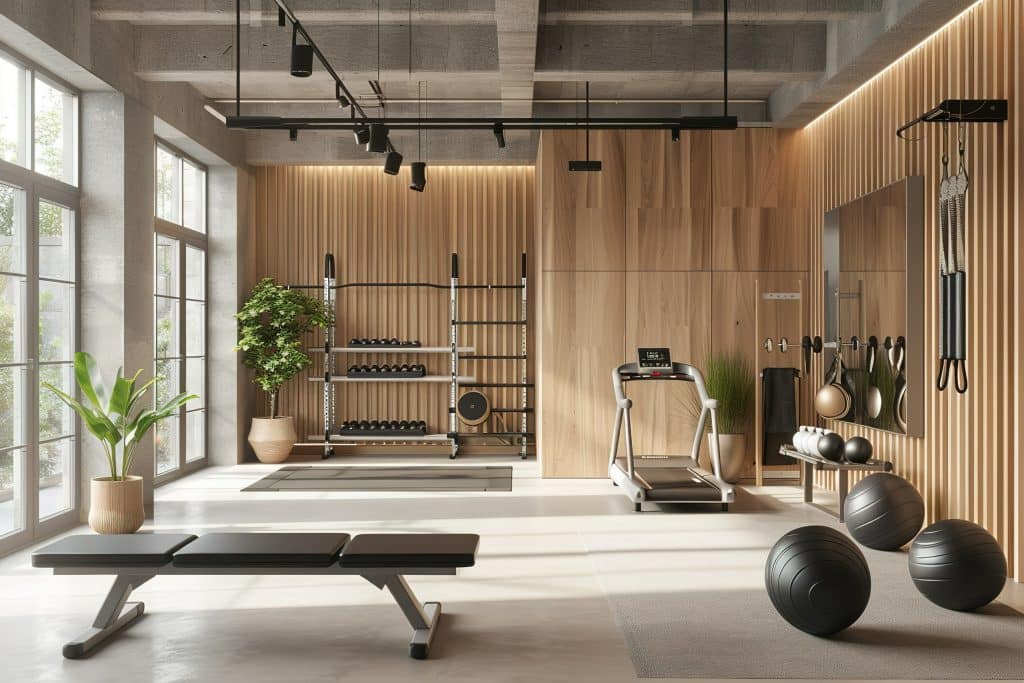 Großer, heller, hauseigener Fitnessraum mit Laufband, Bank, praktischem Wandregal für das Hantelzubehör, Gummibällen und großem Spiegel.