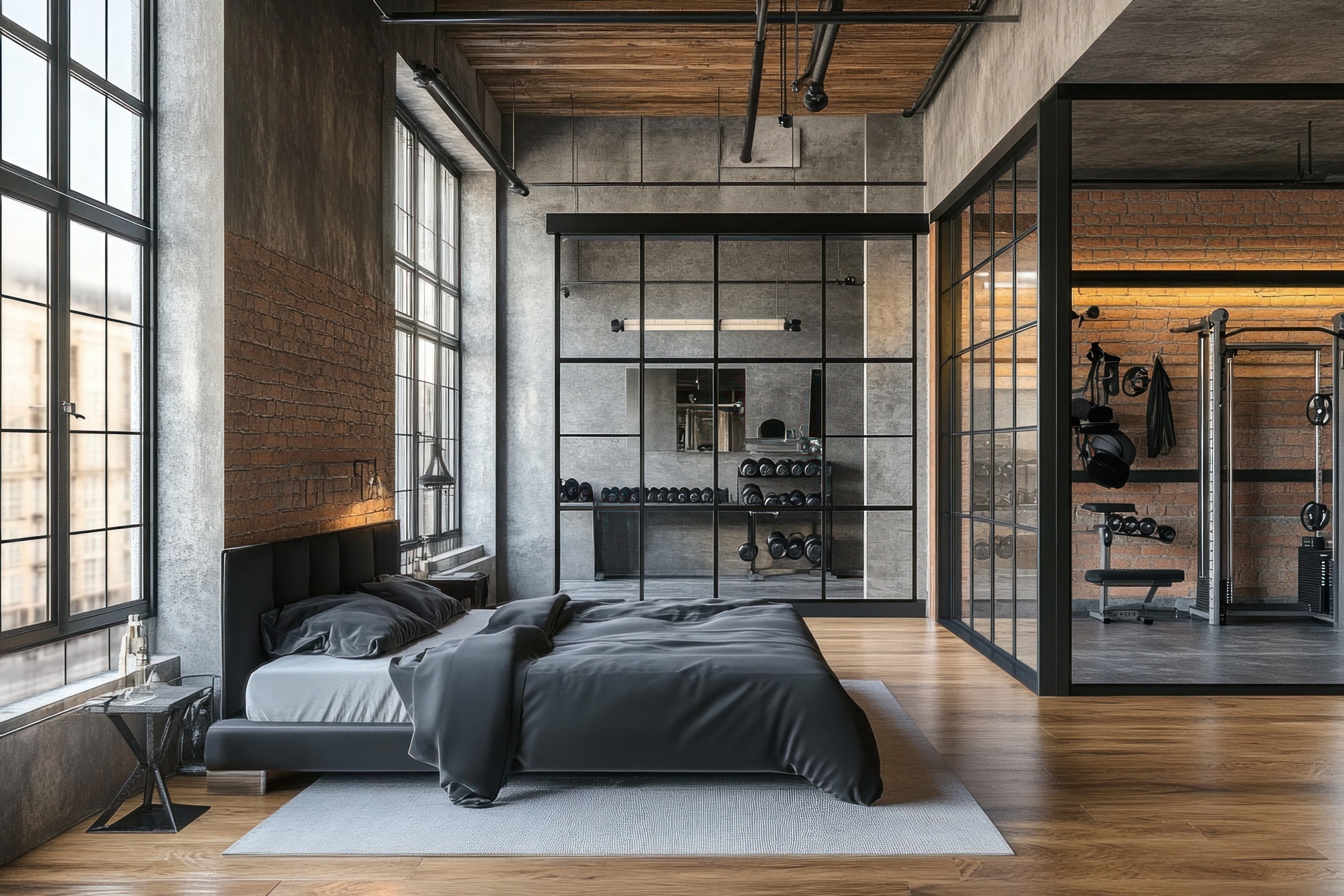 Großer offener Raum im industrial Design, der als Schlafzimmer dient mit integriertem Fitnessraum hinter ein Glastüren.