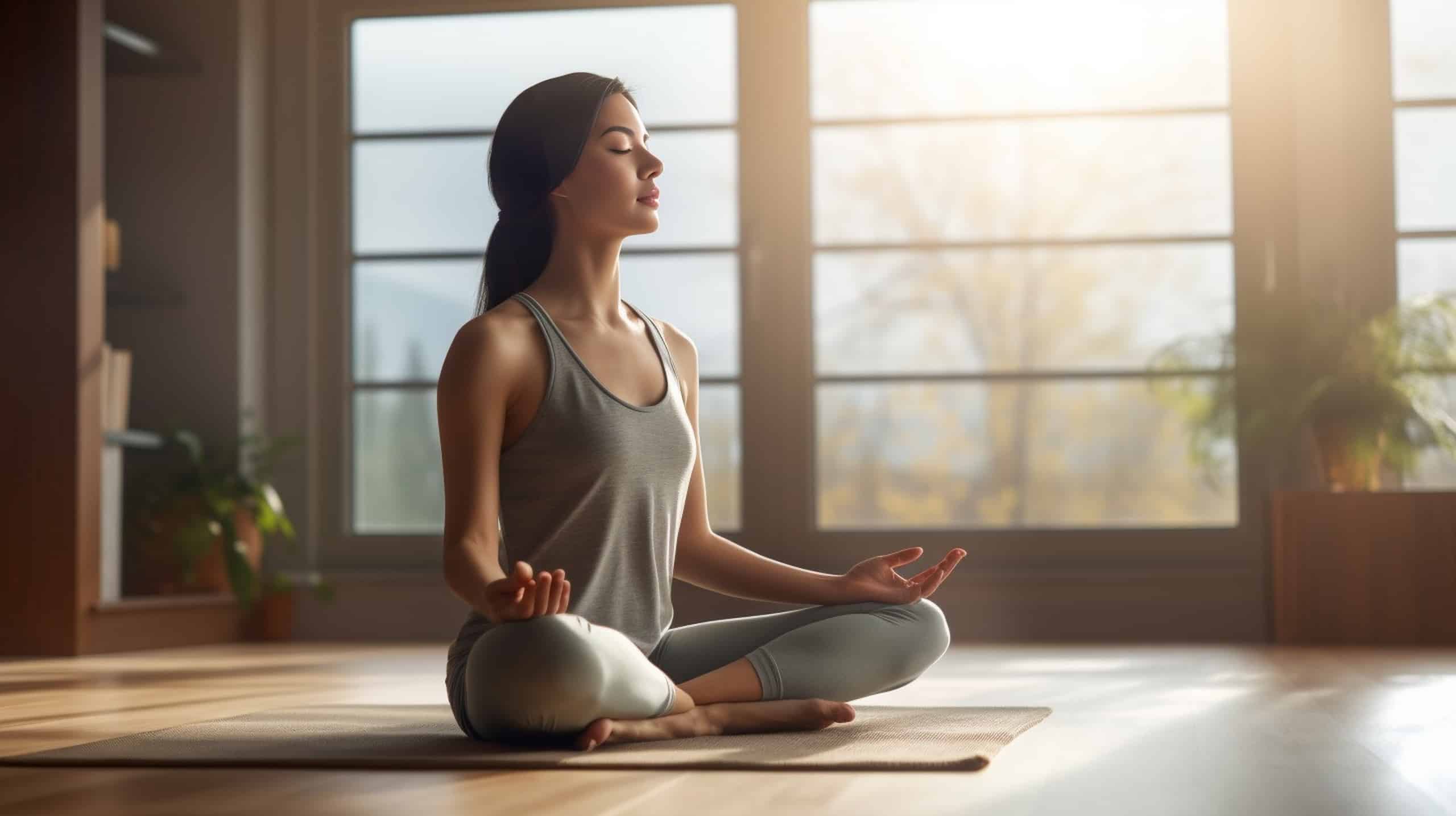 Frau, die sich zuhause im hauseignen Fitnessraum mit Yoga-Übungen entspannt.