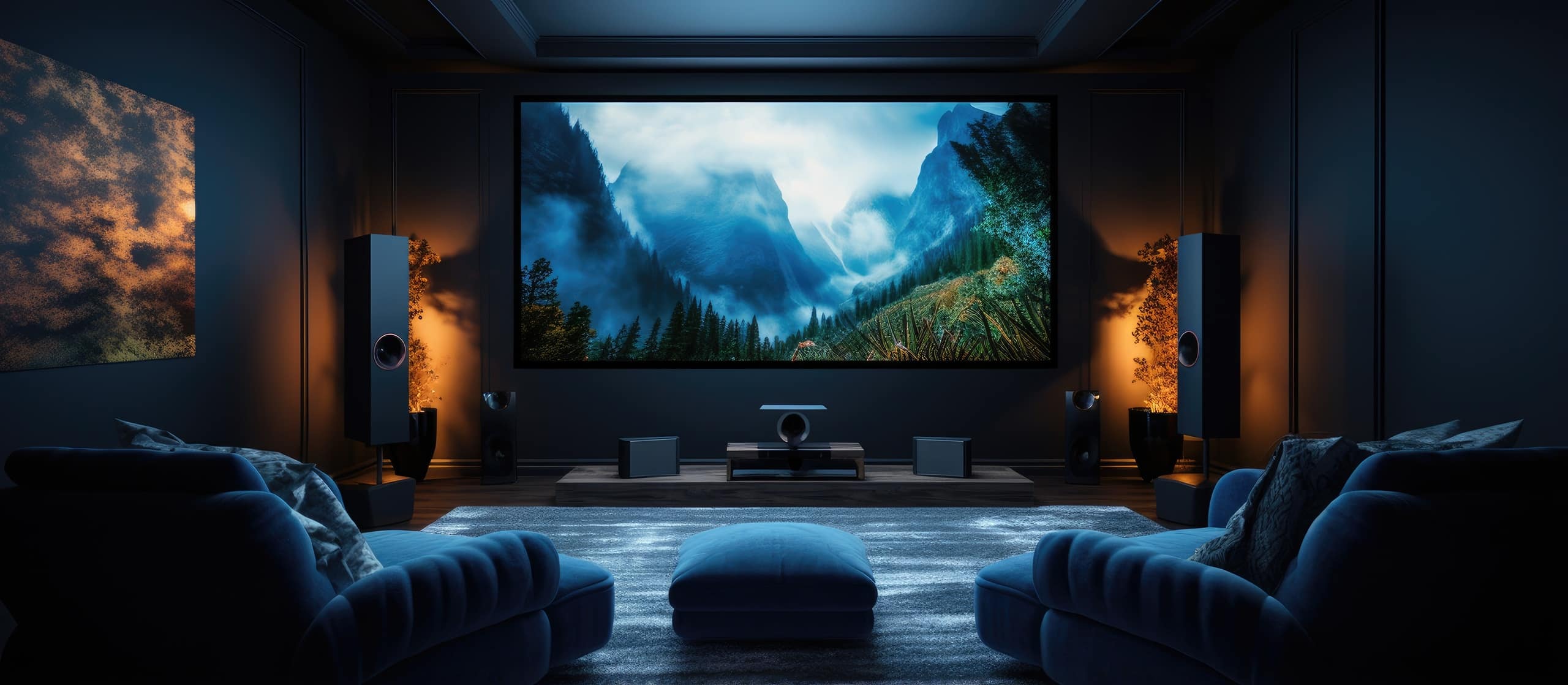 Großer Raum, der als Heimkino mit großer Leinwand, Soundsystem und gemütlichen Sitzgelegenheiten ausgestattet wurde.
