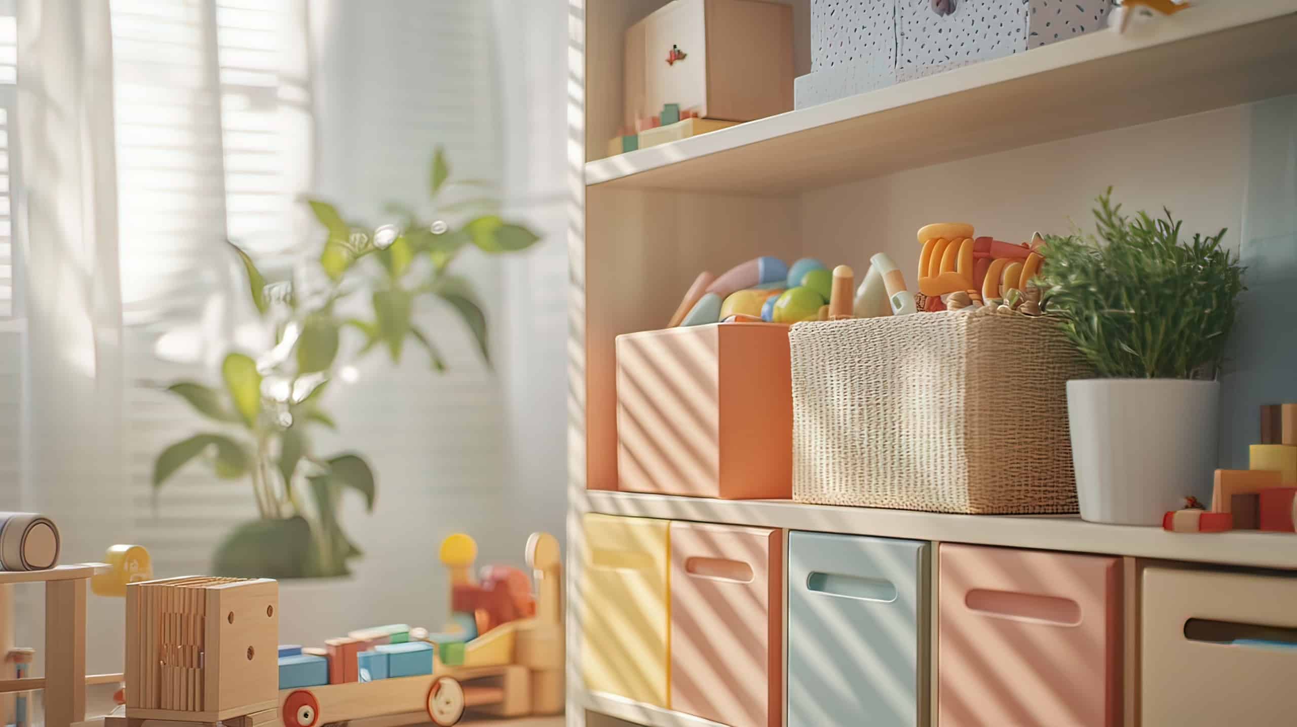 Bunte Aufbewahrungsboxen in einem Holzregal gefüllt mit Spielzeug in einem Kinderzimmer.