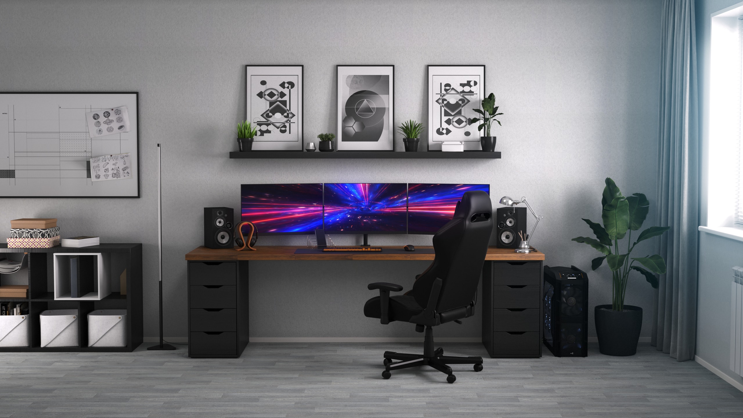 Elegantes Jugendzimmer mit einem Schreibtisch, einem bequemen Bürostuhl, Magnetwand, einem schwarzen Ablagefach und einem offenen schwarzen Sideboard.