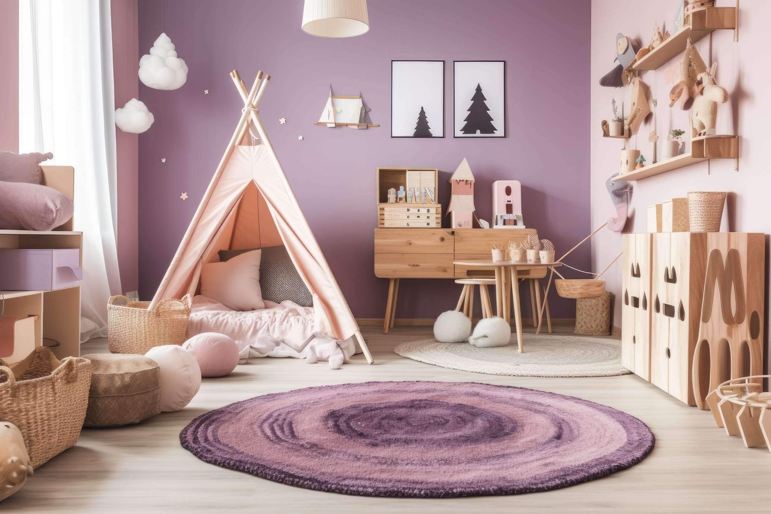 Ein helles Kinderzimmer mit rosa Wandfarben, einem Zeltbett, runden Teppichen, Holzkommoden und Holzregalen und Boxen und Körbe zum Verstauen von Spielzeug.