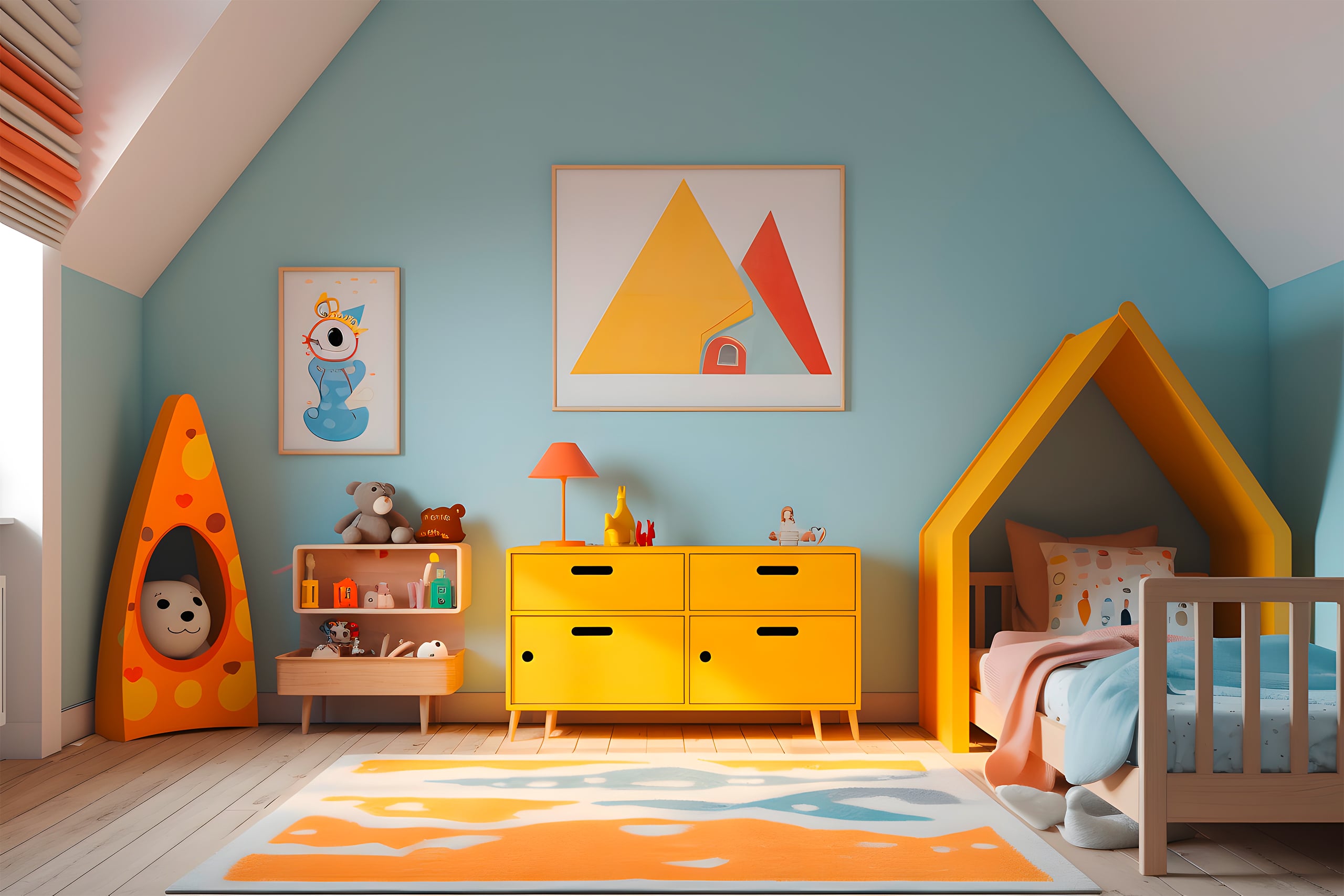 Buntes Kinderzimmer mit kindgerechten Möbeln, einem Bett mit einem Kopfteil, dass ein Haus symbolisiert und zahlreichen süßen Spielsachen. Die Wänd esind in hellem Blau gehalten.