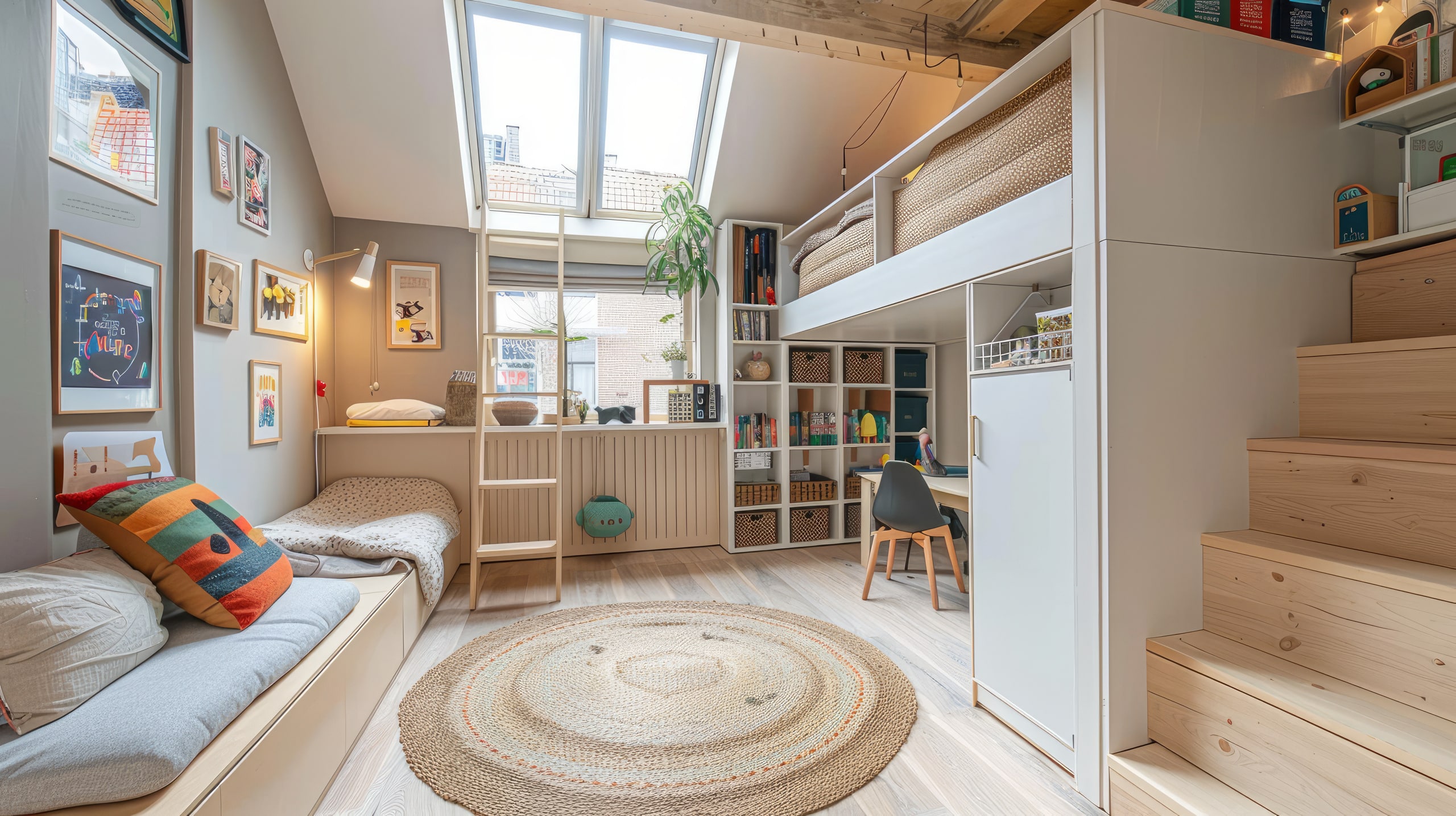 Ein helles Kinderzimmer mit Oberlicht, einem langen Bett, einem Schreibtisch, Stufenablageflächen und Regalen für viel Stauraum.
