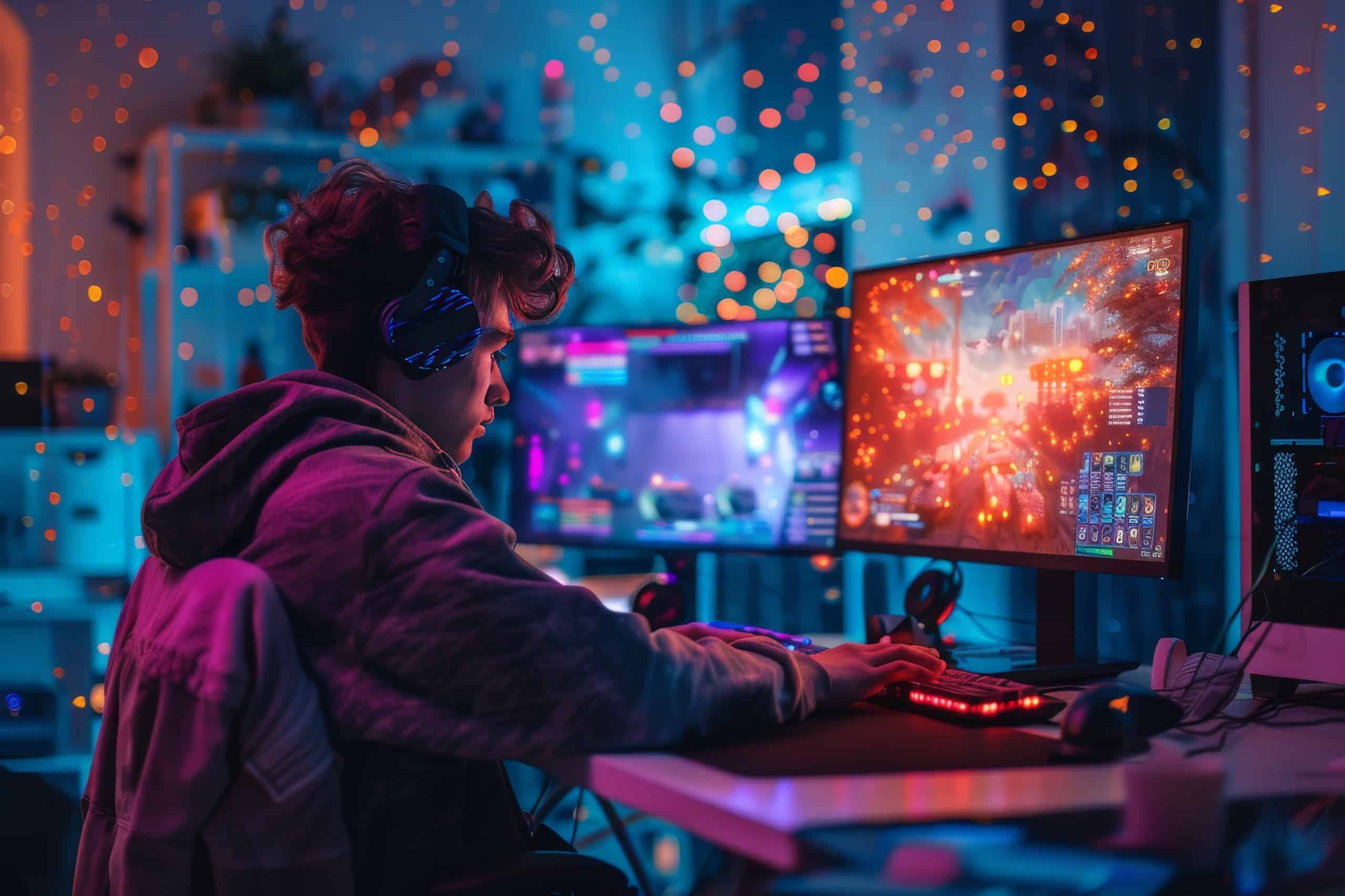 Ein Junge, der in seinem abgedunkeltem Zimmer vor den Bildschirmen sitzt und ein Computerspiel spielt.