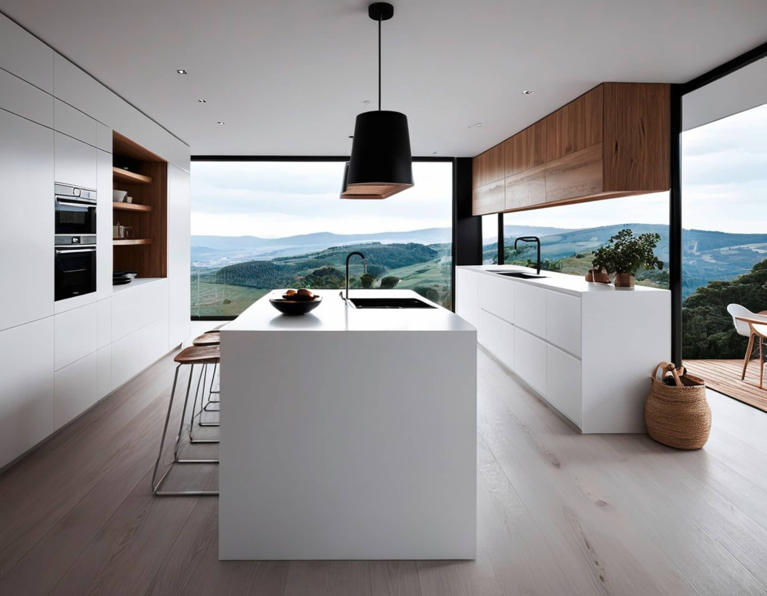 Inneneinrichtung für modernes und minimalistisches Wohnen, helle Küche mit diffuser Beleuchtung.