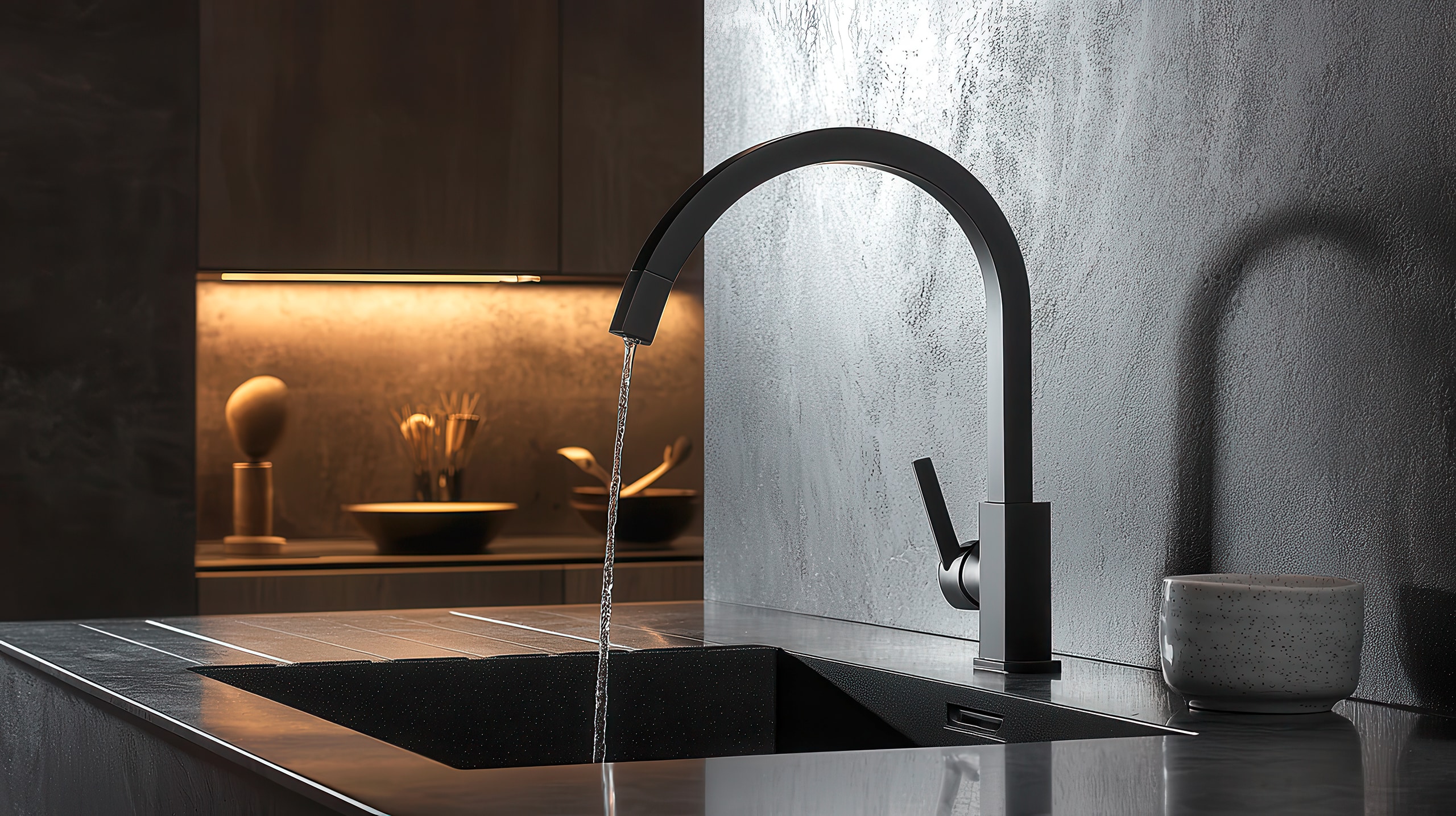 Modernes Küchendesign wertet Ihren Raum mit einer stilvollen schwarzen Armatur bzw. Wasserhahn und einer eleganten Spülenanordnung auf.