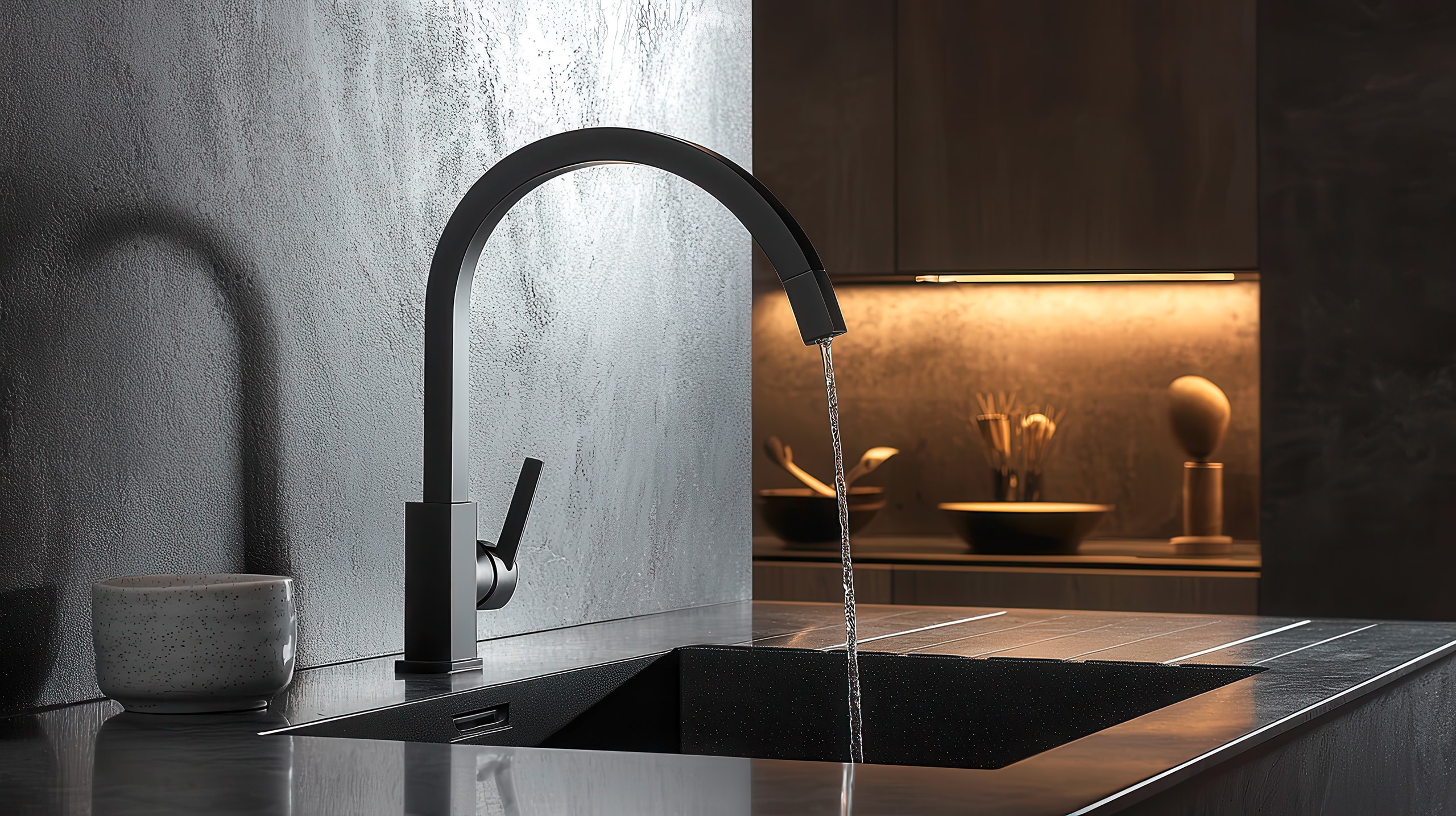 Modernes Küchendesign wertet Ihren Raum mit einer stilvollen schwarzen Armatur bzw. Wasserhahn und einer eleganten Spülenanordnung auf.