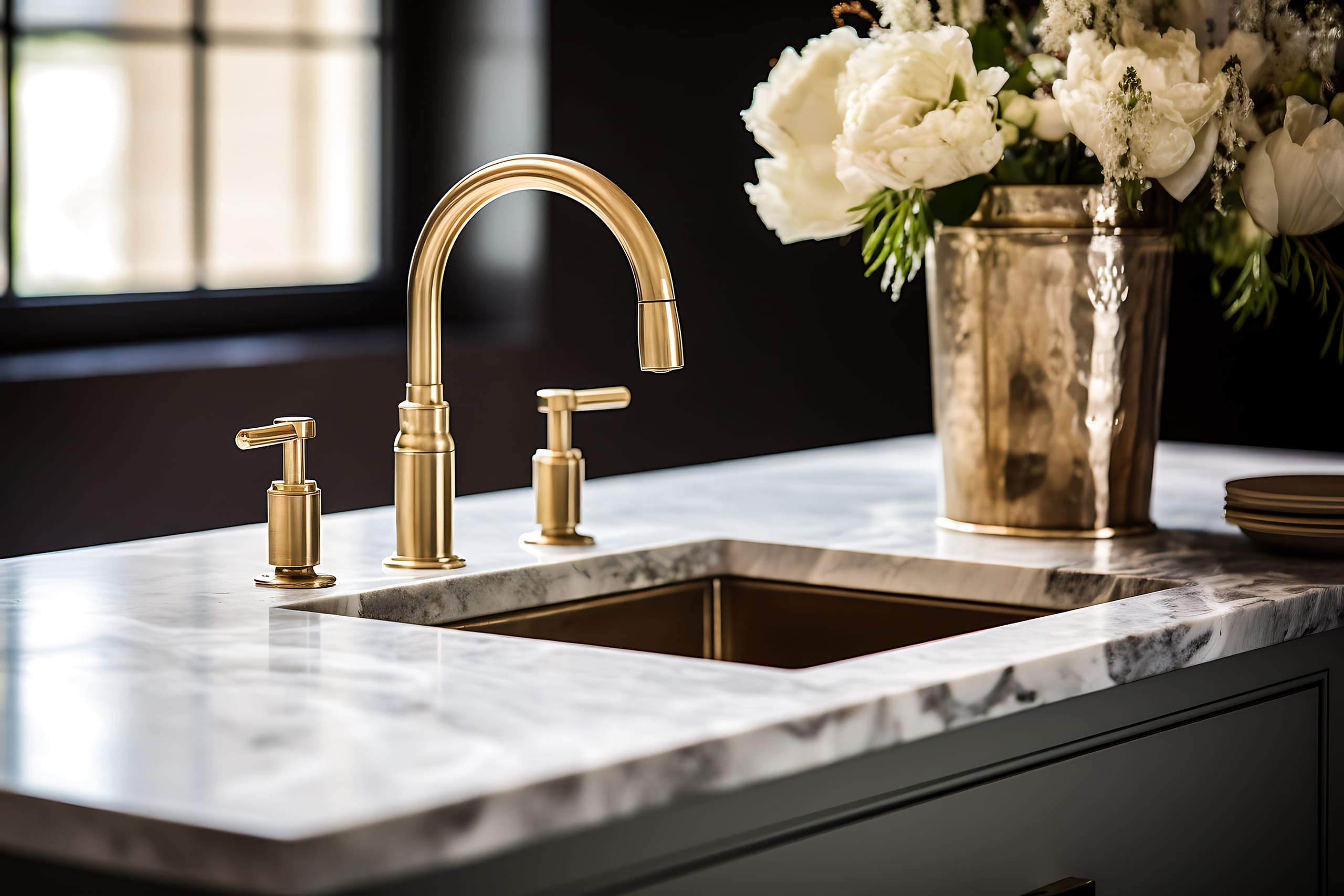 Luxuriöses Küchendesign mit goldener Armatur bzw. Wasserhahn und eleganter Arbeitsplatte aus dem Naturstein Marmor für einen anspruchsvollen Look.