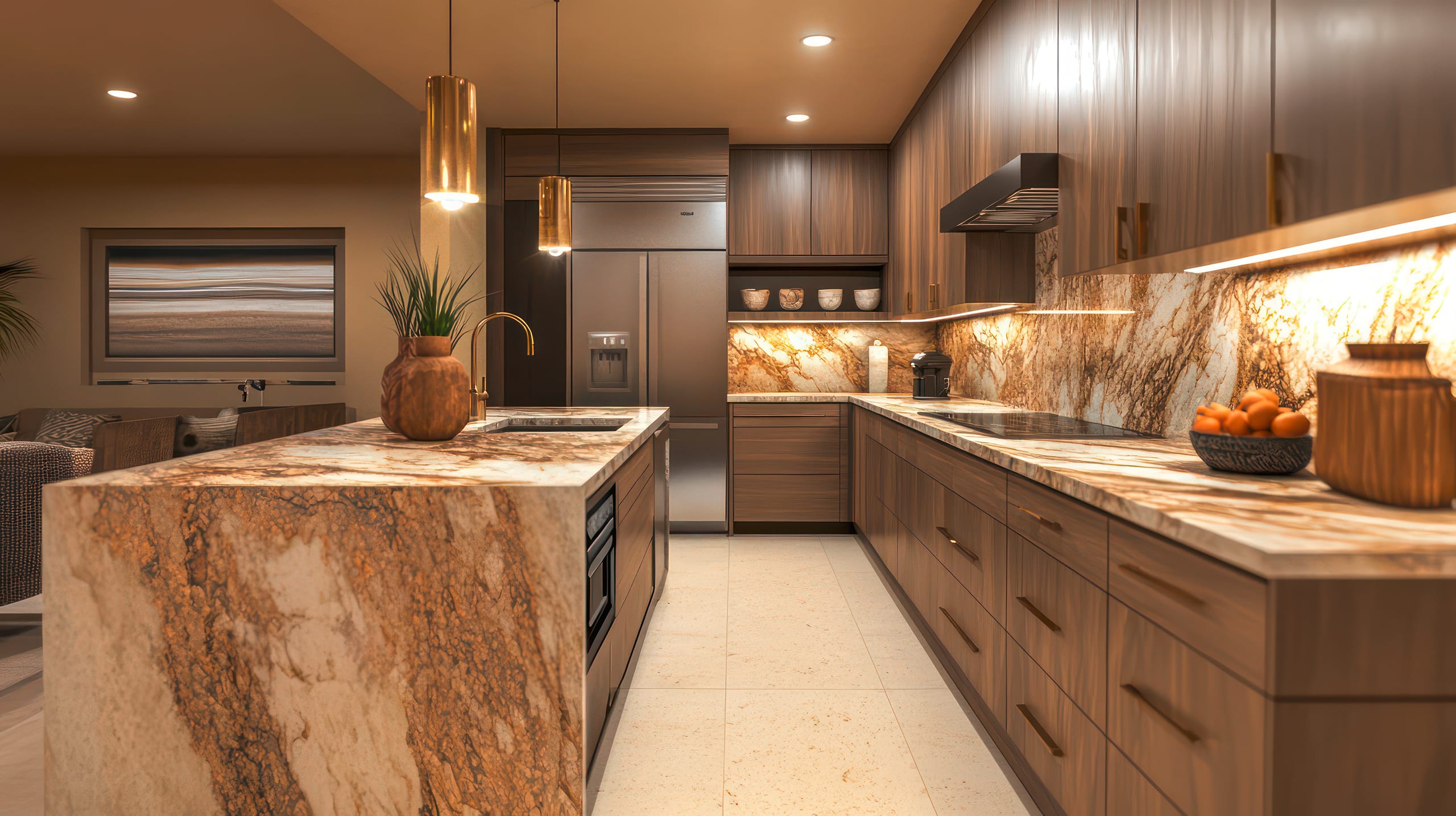 Moderne Küche mit eleganten Arbeitsplatten aus dem Naturstein Marmor in edlen Brauntönen und erdigen Farbtönen.
