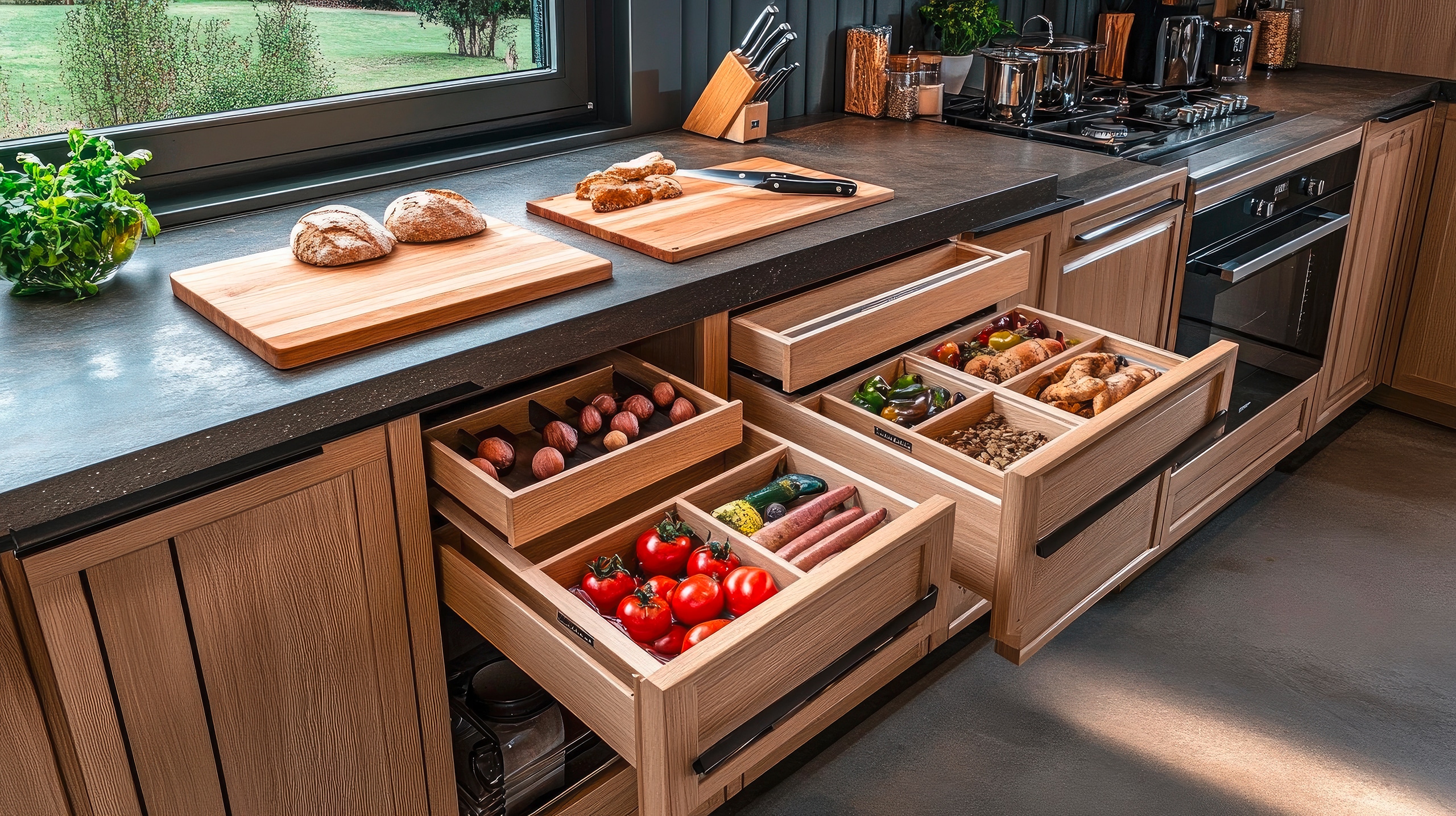 Gut organisierte Küchenaufteilung mit Auszugsschubladen, einer Frühstücksbar und minimalistischen Schränken für einen ordentlichen, funktionalen Raum.