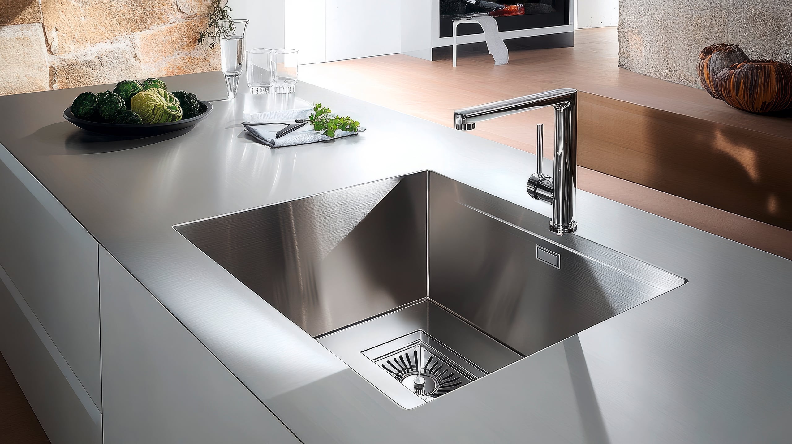 Nahaufnahme einer hochwertigen Küchenspüle mit einem glatten Edelstahlbecken und einer ausziehbaren Chrom-Armatur.