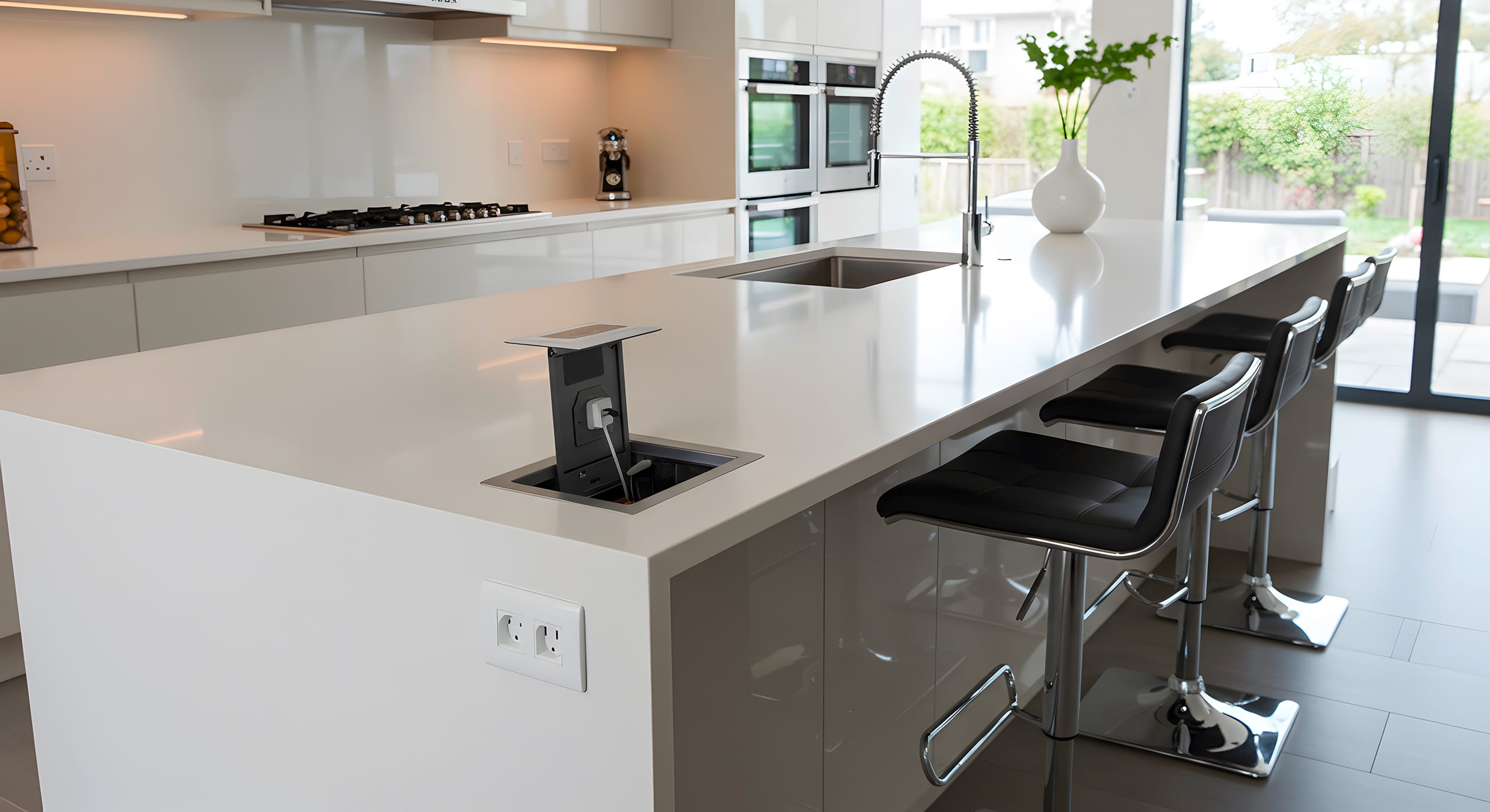 Moderne weiße Kücheninsel mit versteckter Pop-Up-Steckdose und schwarzen Barhockern.