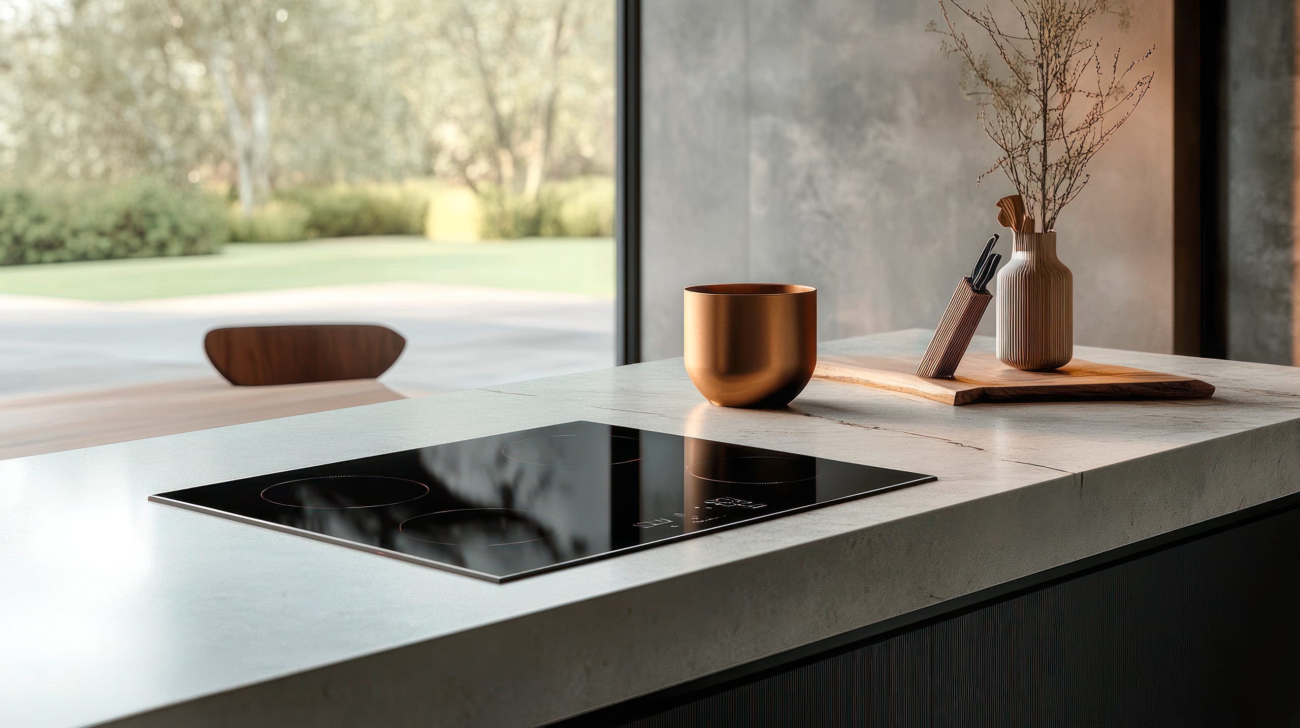 Moderne Küchenarbeitsplatte mit elegantem Kochfeld aus Glaskeramik.