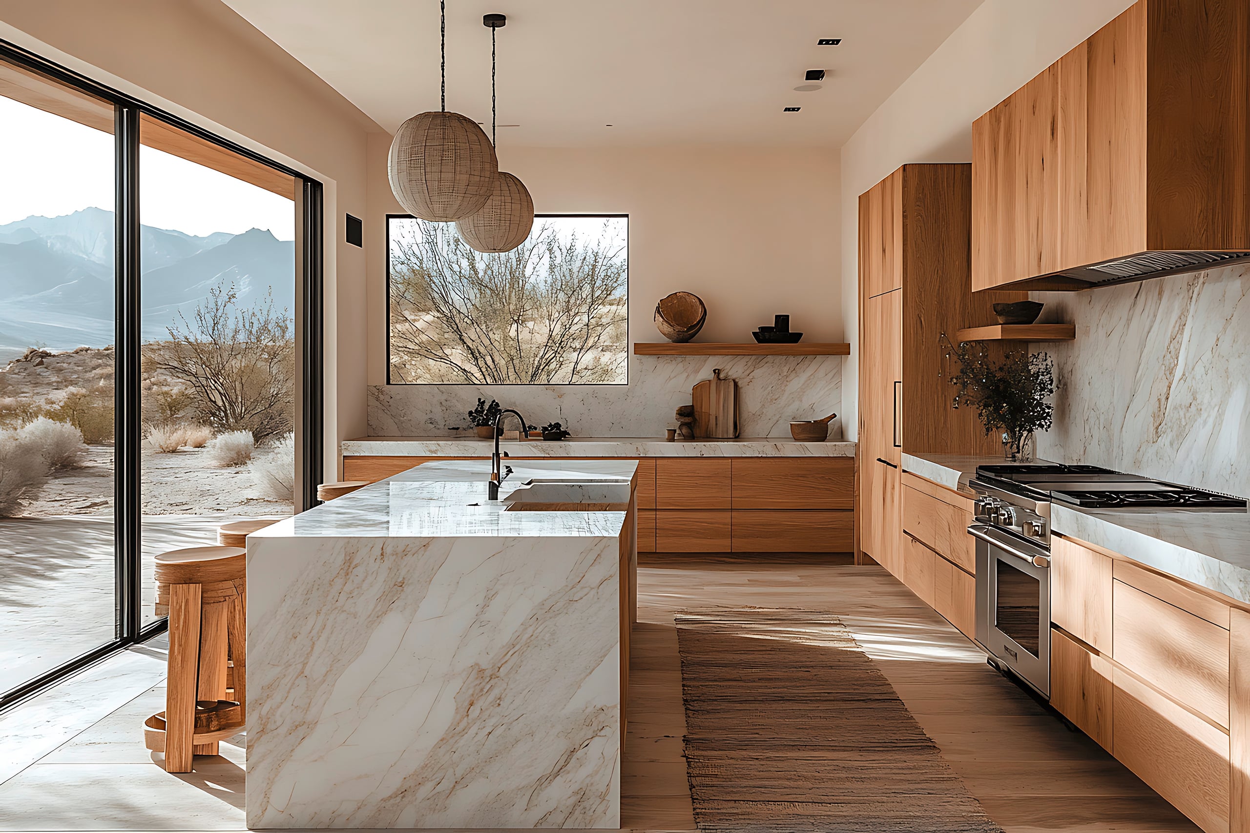 Modernes, minimalistisches Kücheninterieur mit Holzschränken und Arbeitsplatten aus dem Naturstein Marmor in karger, trockener Landschaft.