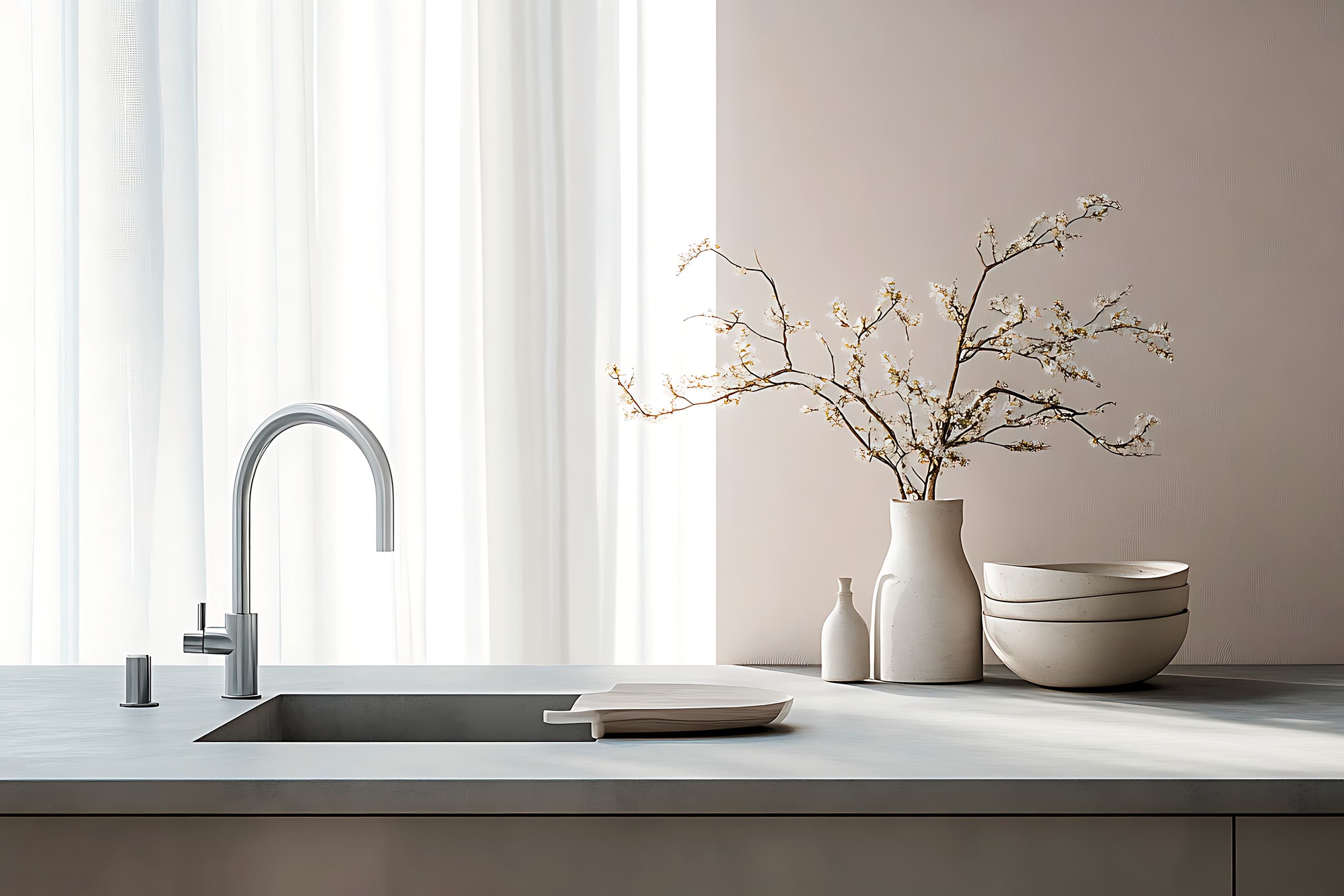 Moderner Küchenspülbereich mit eleganter Armatur bzw. Wasserhahn in Edelstahl und minimalistischer Einrichtung.