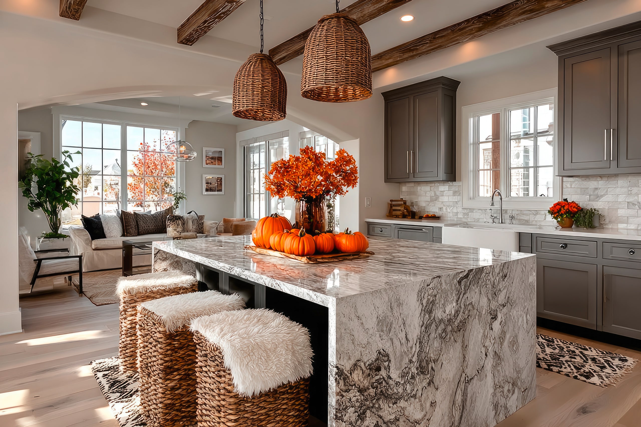 Moderne Landhausküche in der Farbe Taupe mit weißem Spülbecken aus Keramik, einer breiten, quadratischen Kücheninsel aus dem Naturstein Marmor. Im Hintergrund ein gemütliches Sofa mit weißem Leinenbezug und zahlreichen Zierkissen.