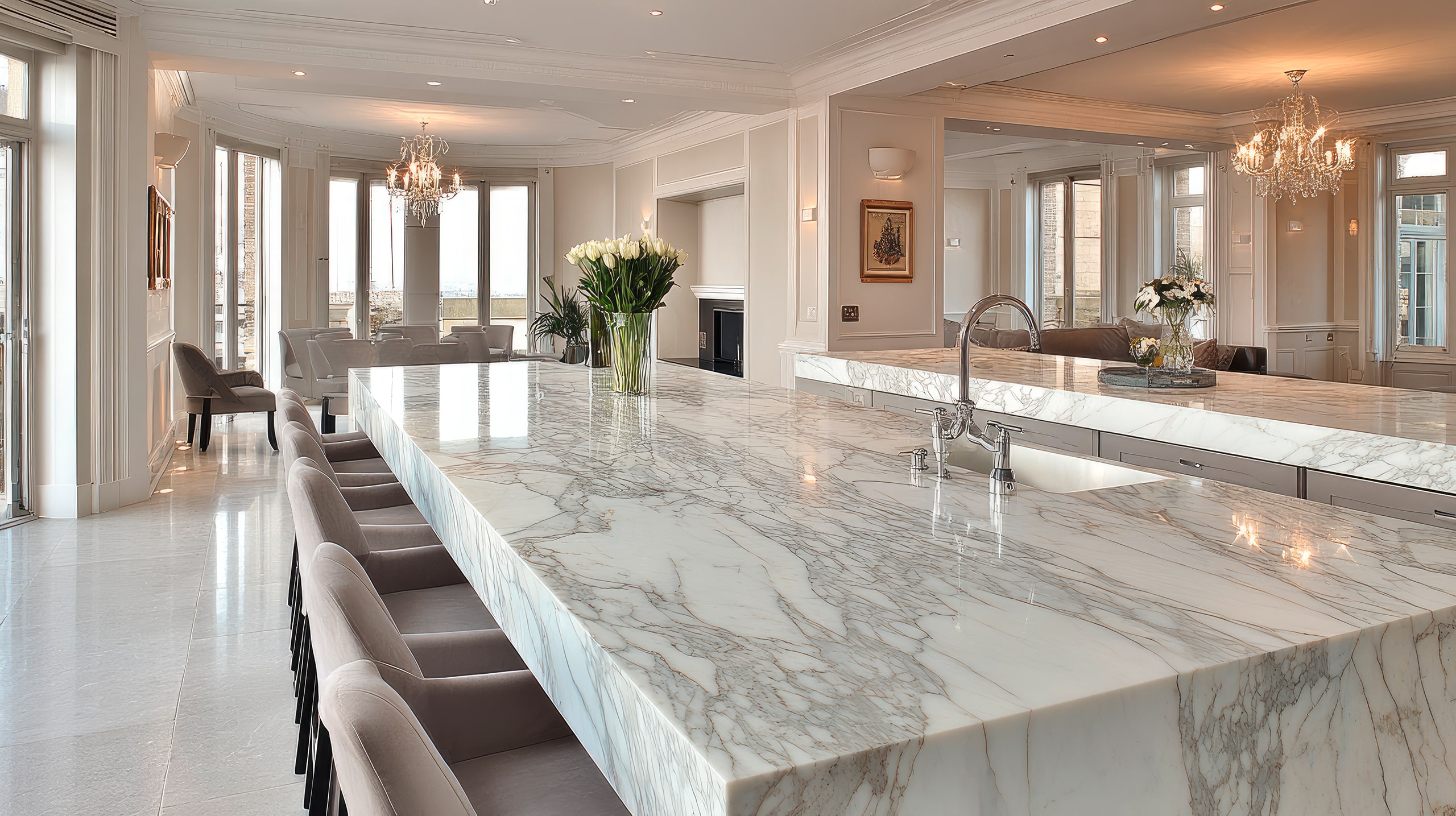 Großzügige Luxusküche mit breiter Arbeitsplatte aus dem Naturstein Marmor in weiß-grauer Marmorierung und zahlreichen Stühlen aus beigefarbenen Samt sowie Kristallluster an der Decke.