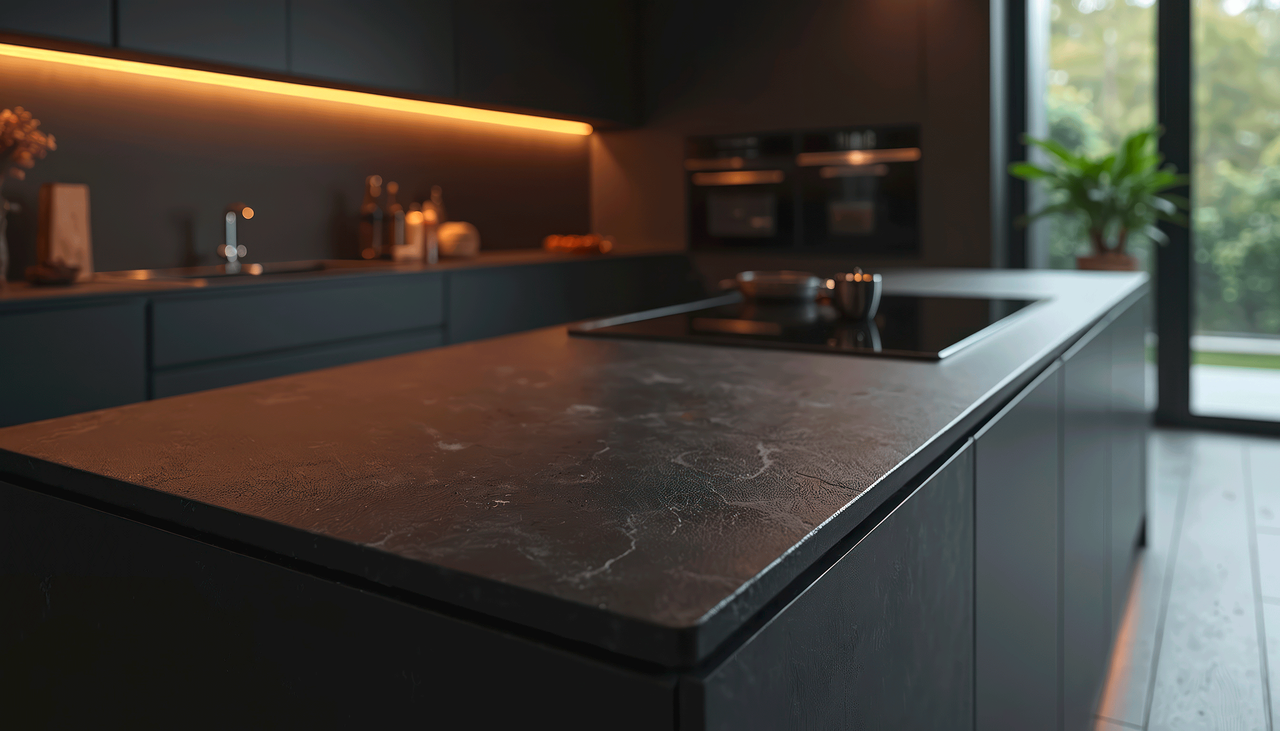 Moderne, mattschwarze Arbeitsplate aus dem Naturstein Schiefer mit natürlicher Maserung verleiht der zeitgenössischen Küche ein elegantes Ambiente. Minimalistisches Dekor, warmes Umgebungslicht und ein schlankes Design runden das Bild ab.