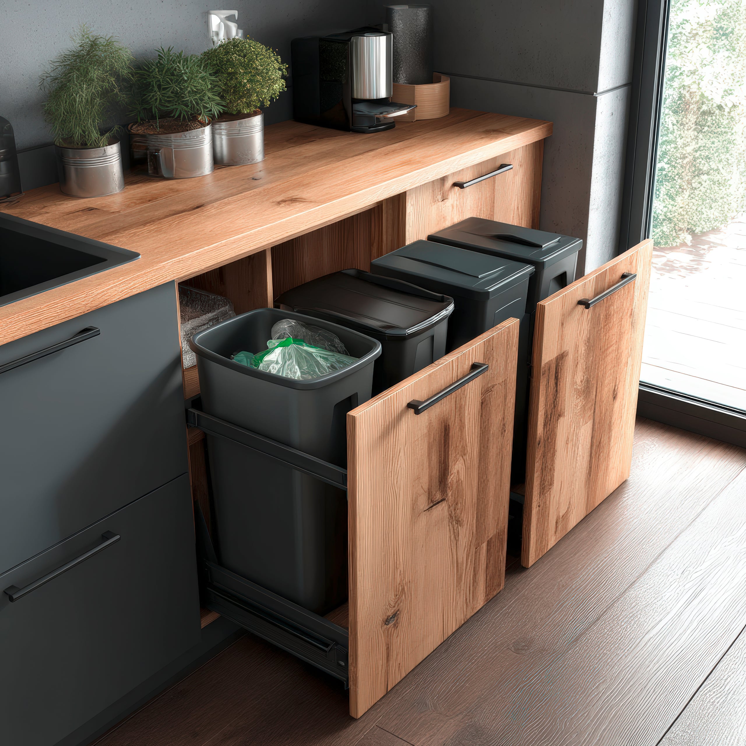 Küchengestaltung mit umweltfreundlichem, nachhaltigem Organisationssystem zur Abfalltrennung zu Hause in einer modernen Küche aus Holz und Teilbereichen mit anthrazitfarbigen Fronten.