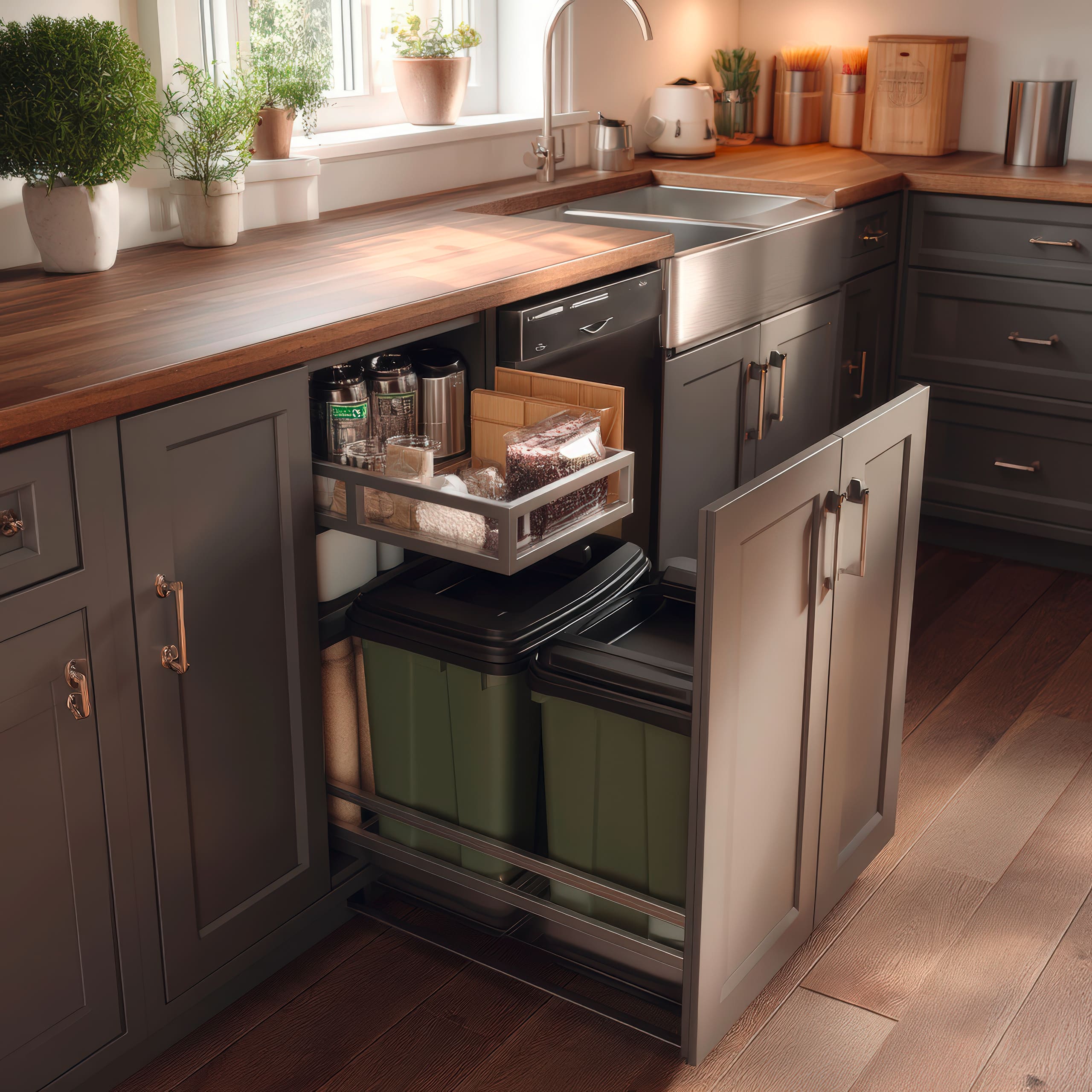 Ausziehbares Abfallbehältersystem in einer modernen Landhausküche in edlem Anthrazit und einer Arbeitsplatte aus Holz für die Abfallentsorgung zu Hause.