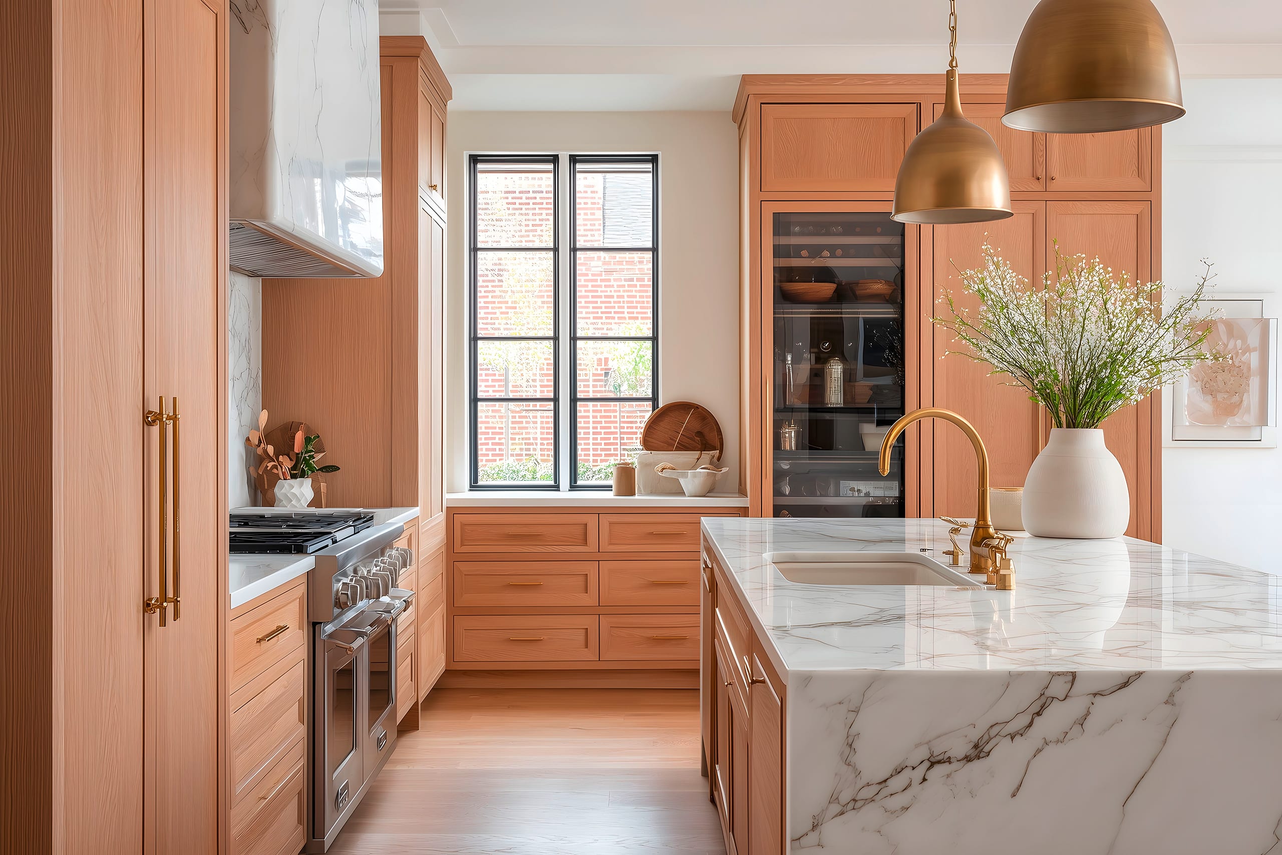 Moderne Landhausküche mit Schränken aus heller Eiche, Arbeitsplatten aus dem Naturstein Marmor und einer Armatur bzw. Wasserhahn aus Messing.