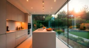 Moderne, minimalistische Küche, die in warmes, goldenes Abendlicht getaucht ist, das durch eine riesige Glaswand den Blick auf einen üppigen Garten freigibt.