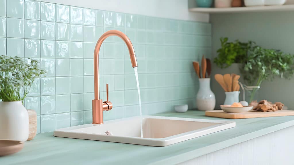 Stilvolle, moderne Küche mit Armatur bzw. Wasserhahn in edlem Rosé, aus der Wasser ins Spülbecken fließt, vor hellgrünen Fliesen, die eine saubere und frische Atmosphäre zum Kochen und Wohnen schaffen.
