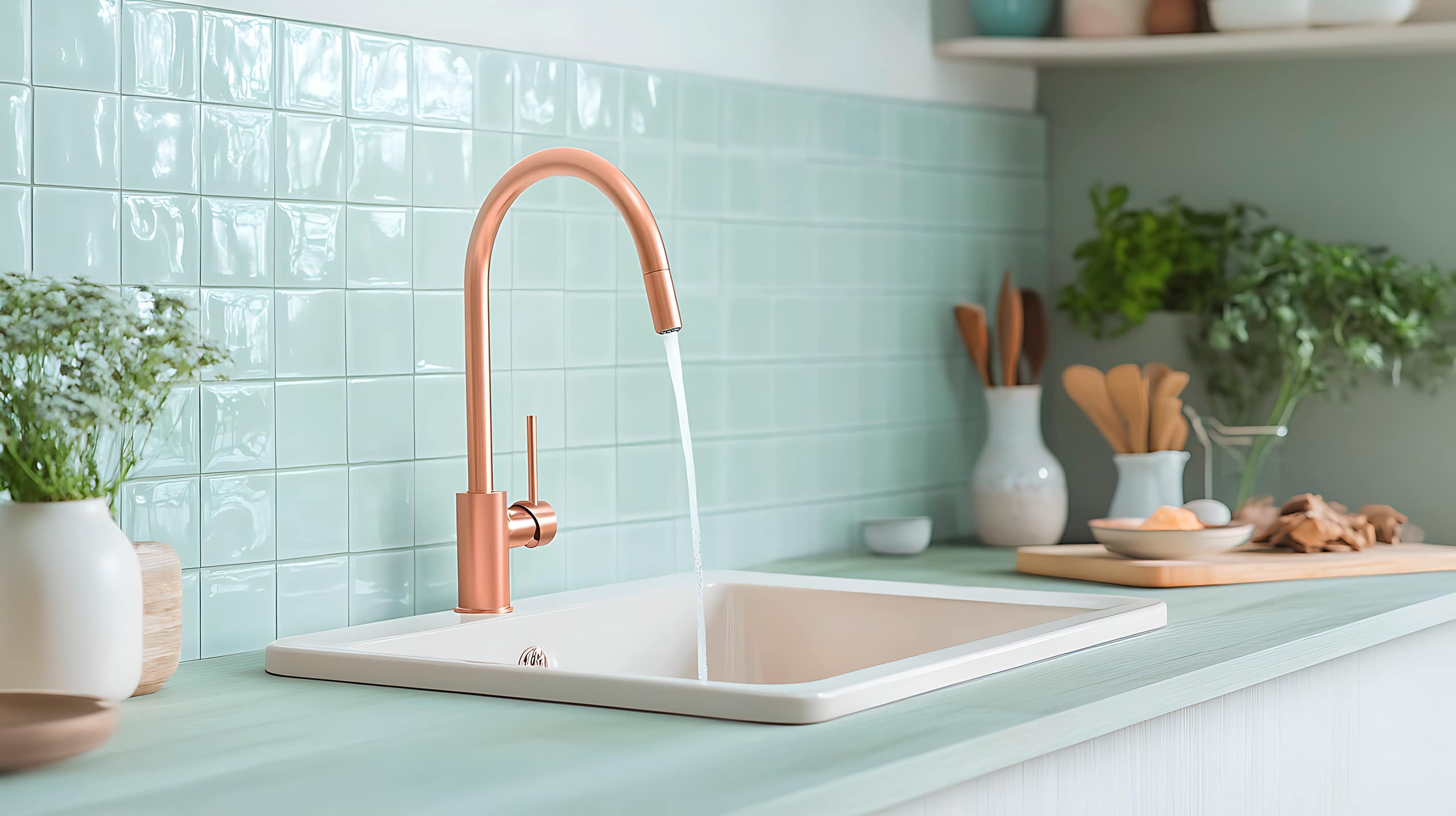 Stilvolle, moderne Küche mit Armatur bzw. Wasserhahn in edlem Rosé, aus der Wasser ins Spülbecken fließt, vor hellgrünen Fliesen, die eine saubere und frische Atmosphäre zum Kochen und Wohnen schaffen.