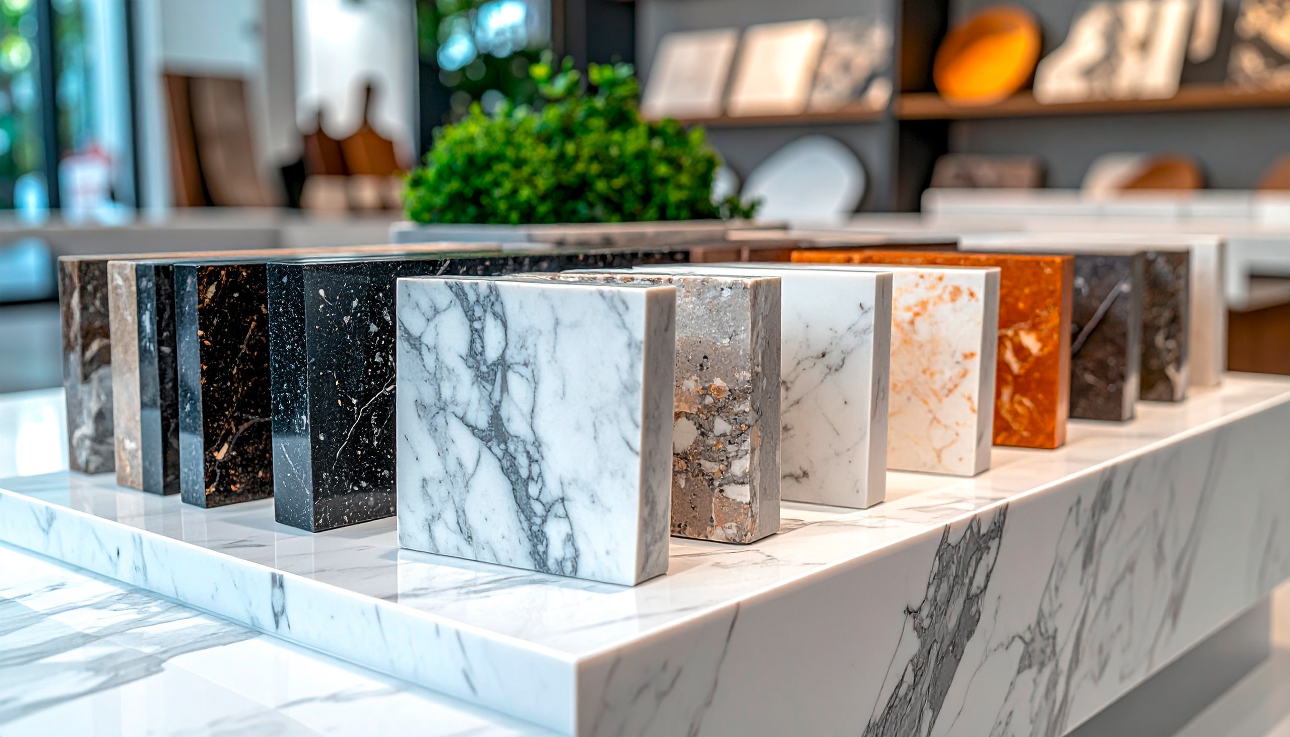 Präsentation quadratischer Muster von Arbeitsplatten aus Naturstein, wie z. B. Marmor.