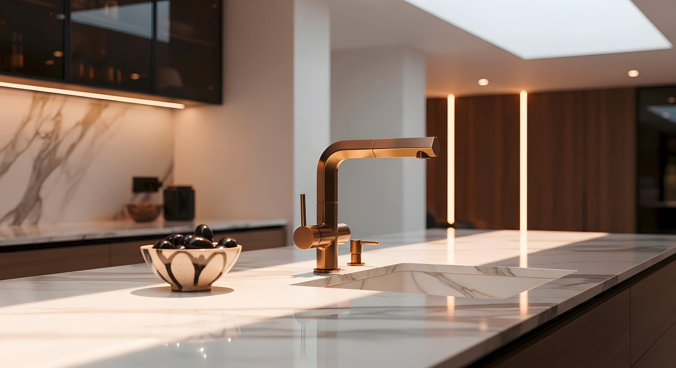 Elegantes und luxuriöses modernes Küchendesign mit einer makellosen Marmor-Kochinsel, einer eleganten Messingarmatur bzw. Wasserhahn und warmen Holzschränken, die von natürlichem Licht erhellt werden – für ein anspruchsvolles, zeitgenössisches Zuhause.