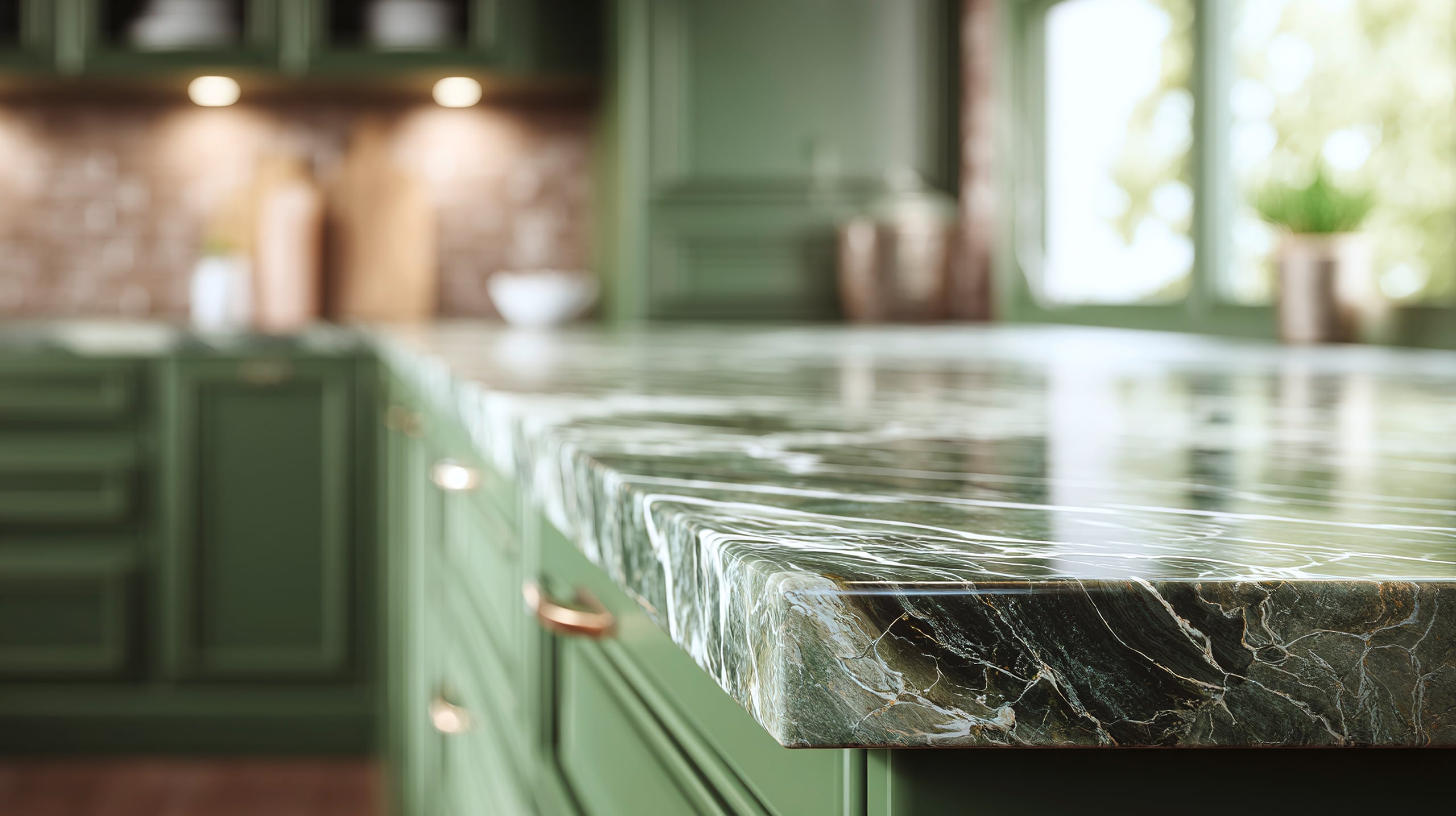 Elegante Kücheneinrichtung mit stilvoller Arbeitsplatte aus dem Naturstein Marmor mit grün-weißer Maserung, Schränken und Geräten.