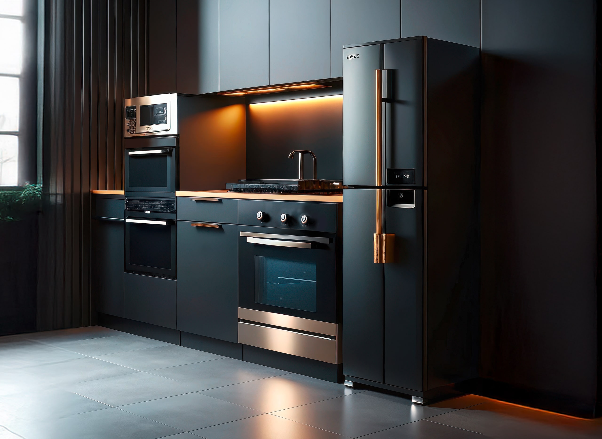 Moderne Küchengeräte in einer eleganten, schwarzen Küchenkombination mit Griffstangen in edlem Kupfer.