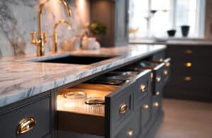 Offene Küchenschubladen inkl. Ladenbeleuchtung in einer eleganten, modernen Küche mit dunklen Schränken, goldenen Beschlägen und einer Arbeitsplatte aus dem Naturstein Marmor.
