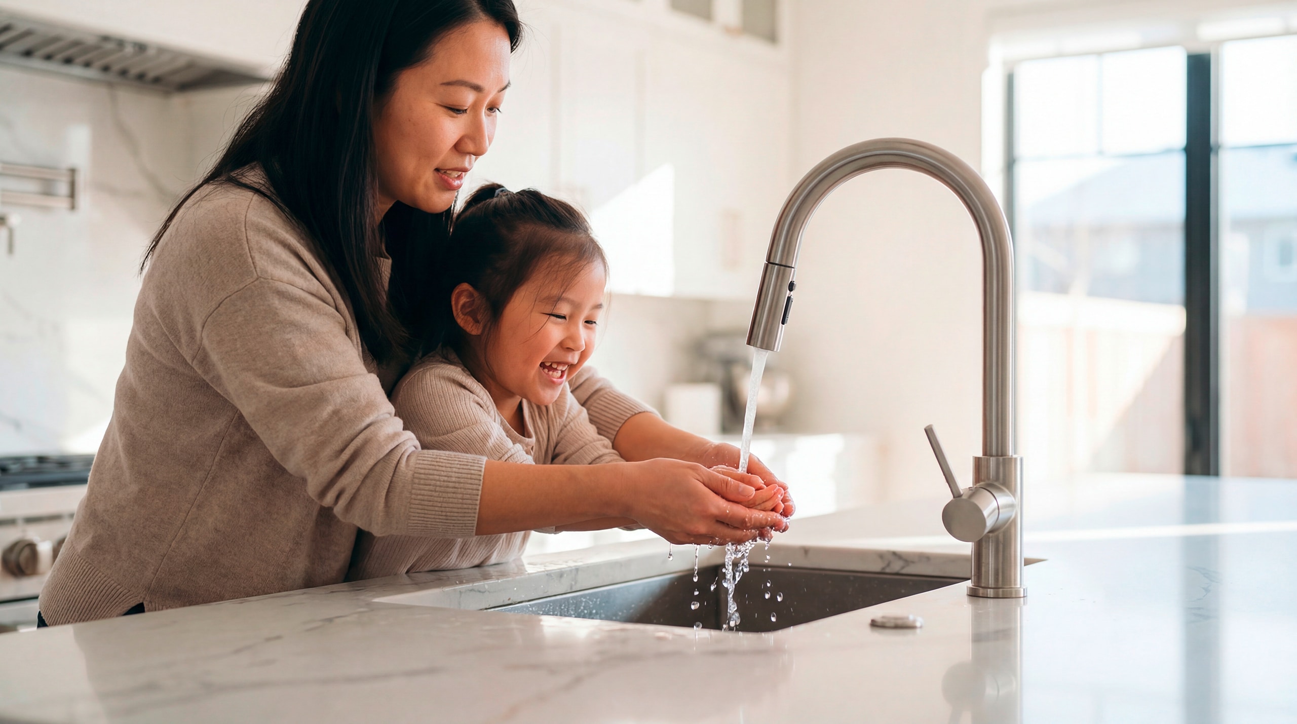 Eine Mutter hilft ihrer lächelnden Tochter beim Händewaschen am Küchenwaschbecken im Morgenlicht und unter dem modernen Wasserhahn bzw. Küchenarmatur – ein warmer, hygienischer Familienmoment.
